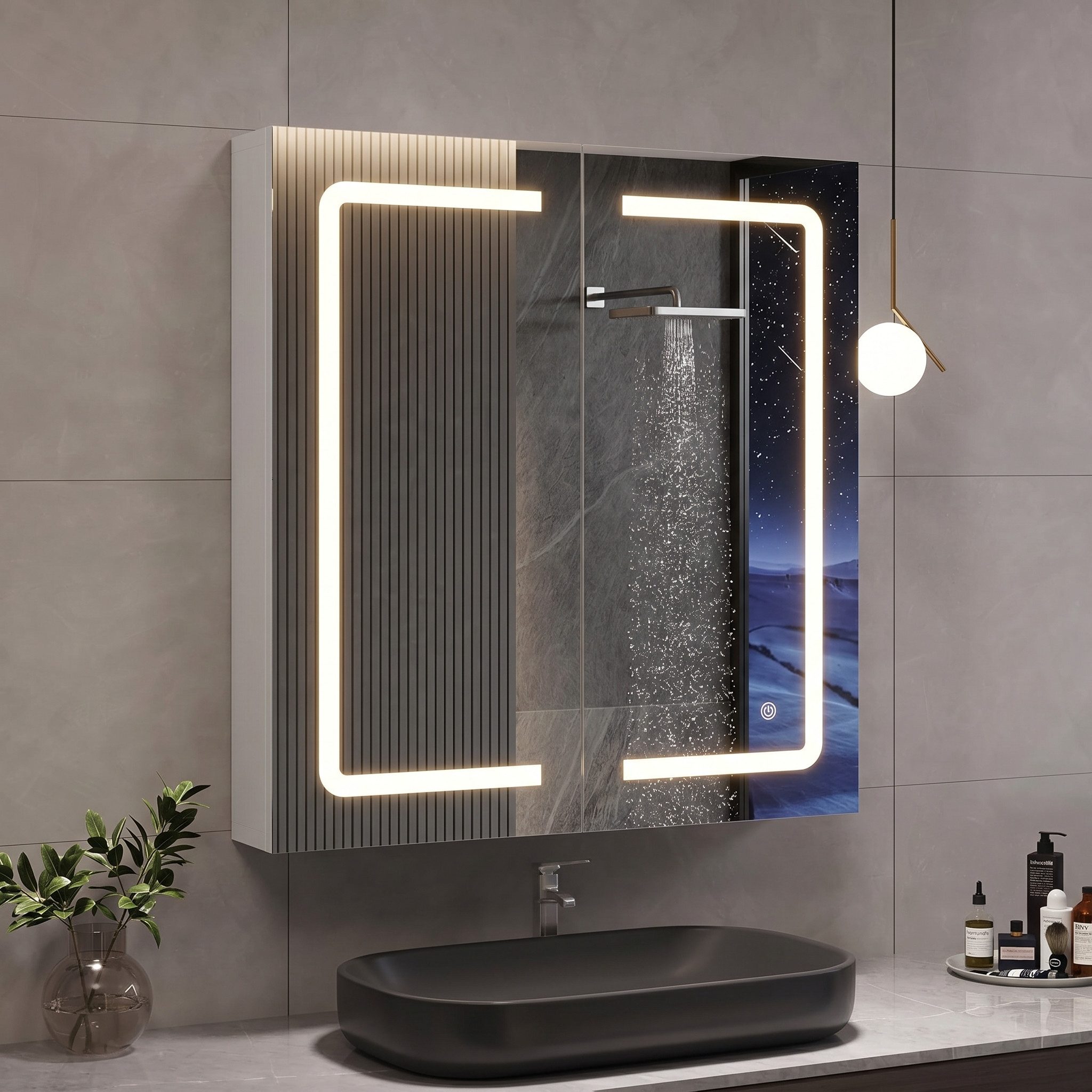 Furnishings Home Badezimmerspiegelschrank Spiegelschrank Doppeltür Hängeschrank 80x60x13.5 cm (Einstellung der warmen und kalten Farbtemperatur 3000/4500/6400K) inkl. LED-Beleuchtung, Stecker, Touchschalter, Beschlagfrei