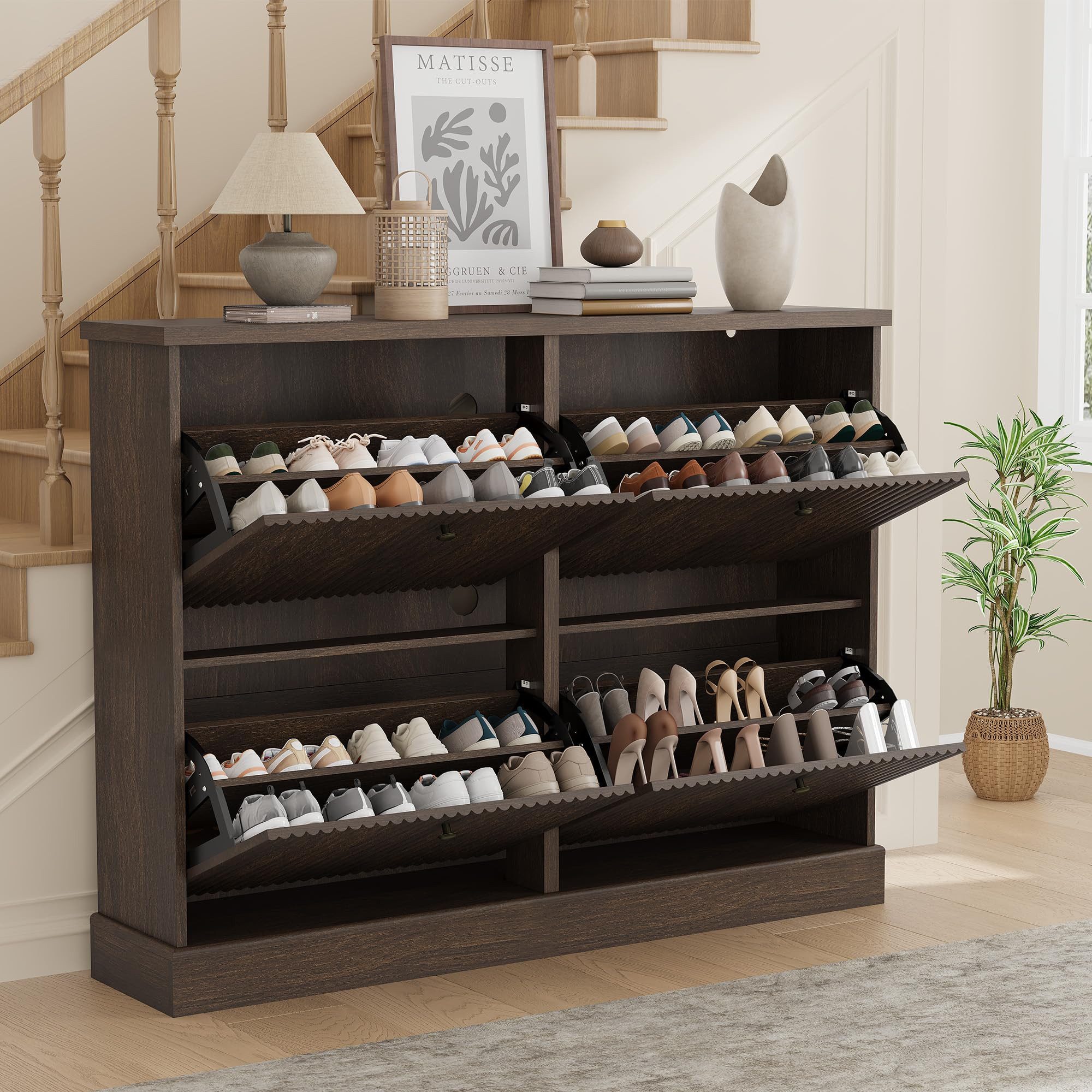 GarveeMore Schuhschrank Moderner Rillenprofil mit 4 Klappschubladen verstellbare Einlegeböden (1-St) 120x25x90cm Versteckter Schuhstauraum Schuhregal für 18–24 Paar Schuhe