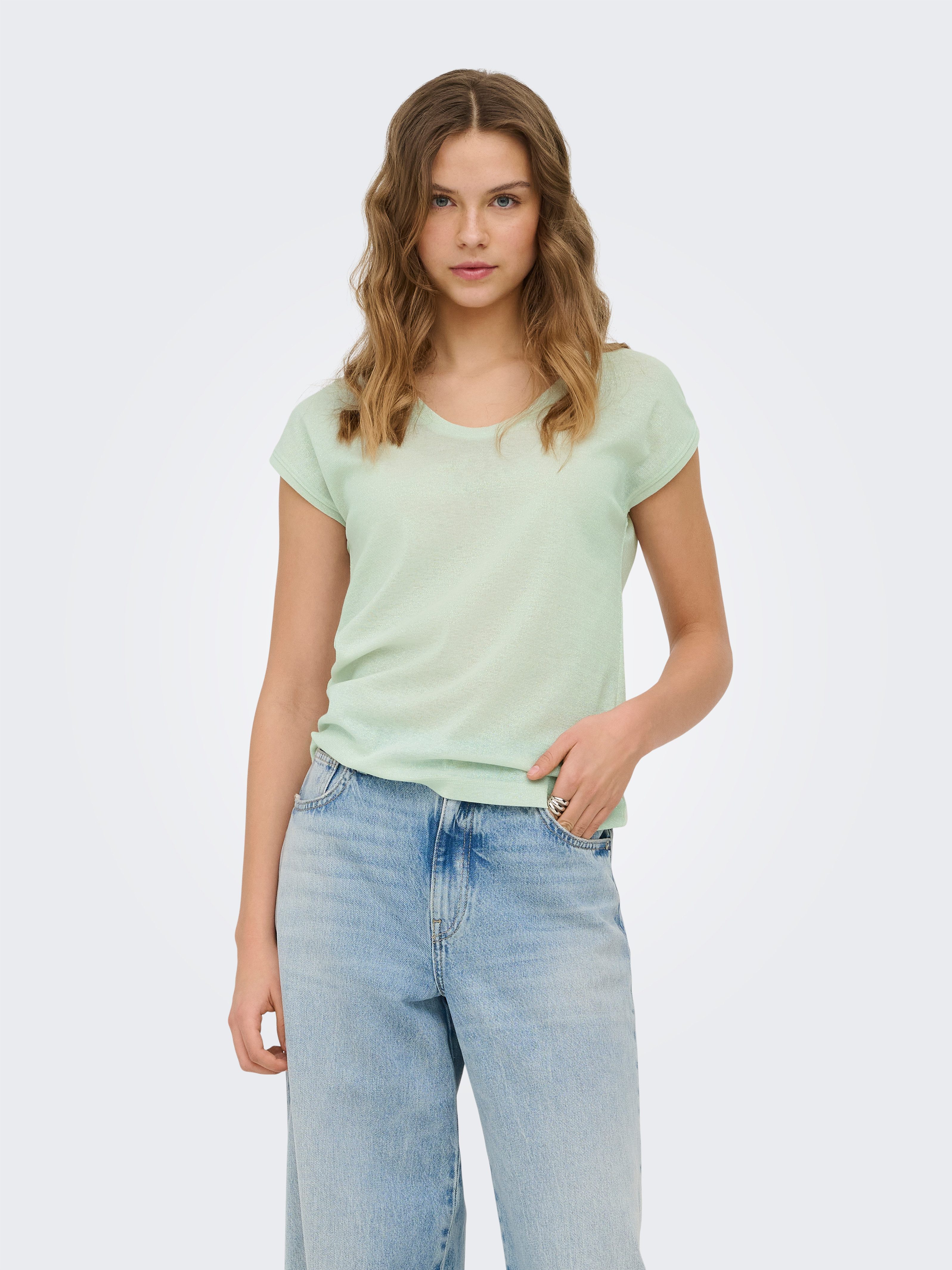 ONLY Kurzarmshirt ONLSILVERY S/S V NECK LUREX TOP JRS NOOS Materialmix mit Glitzer, loose fit, Rundhals