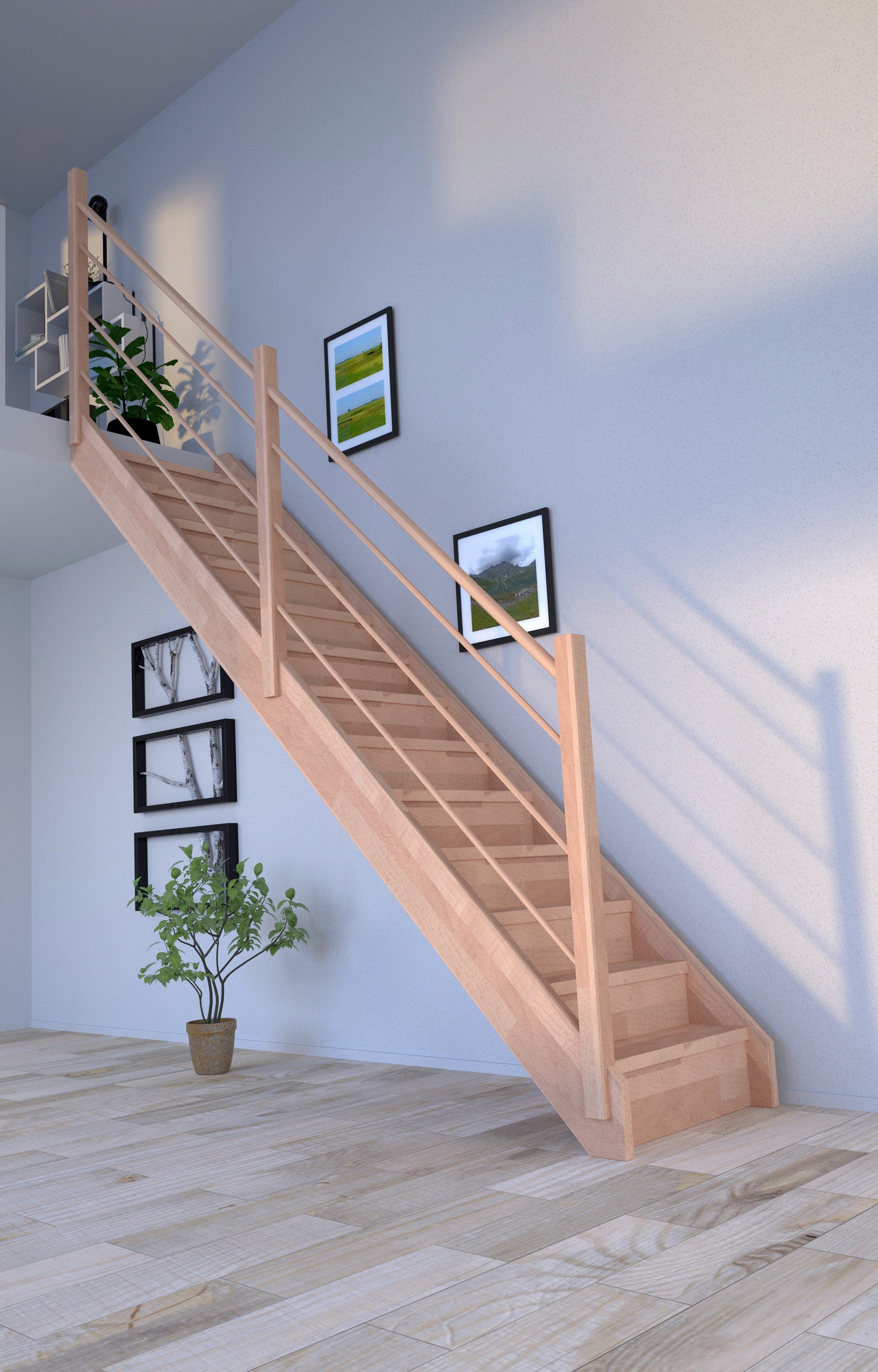 Starwood Systemtreppe Massivholz Mykonos, Holz-Holz Design Geländer Links, für Geschosshöhen bis 280 cm, Stufen geschlossen, Durchgehende Wangenteile