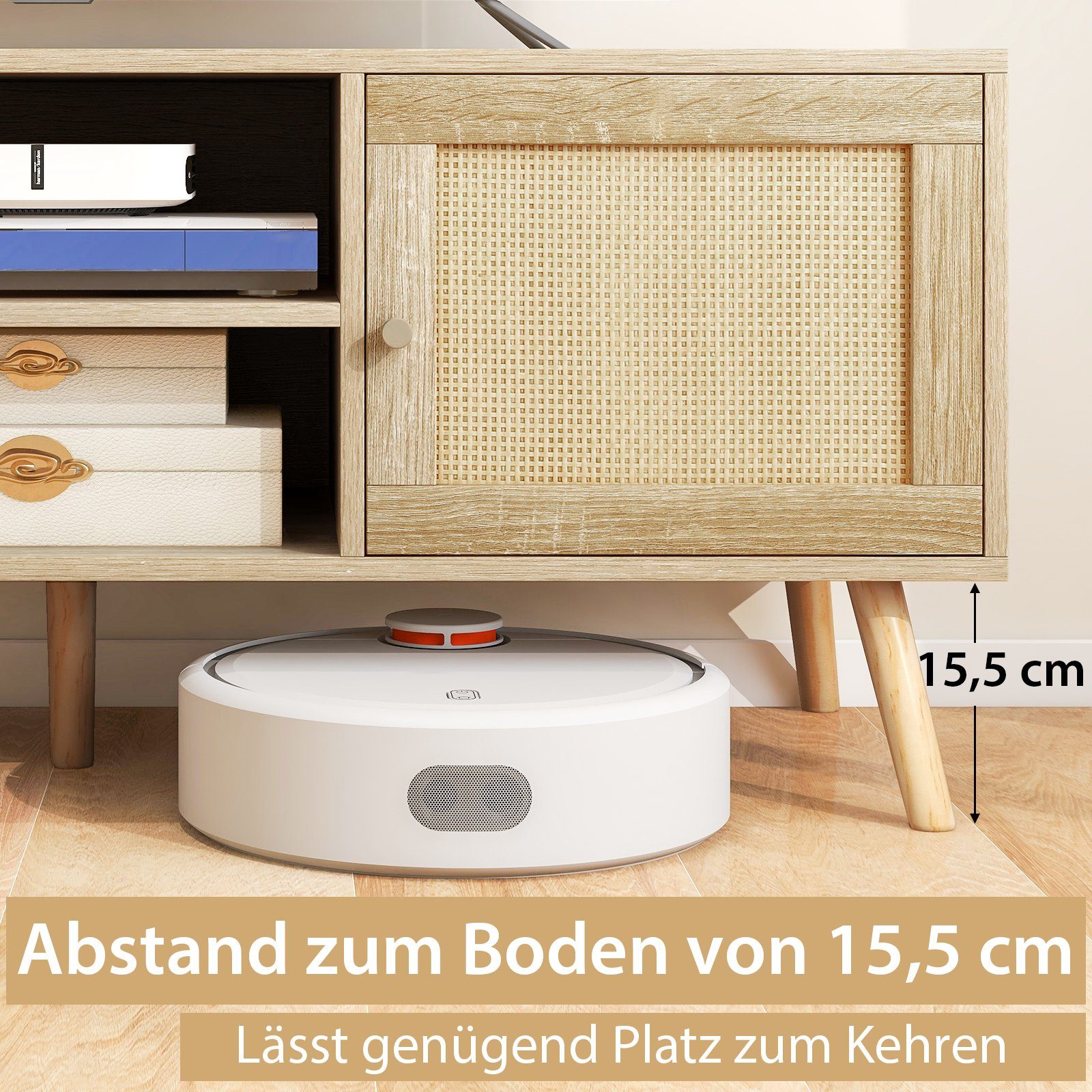 COSTWAY TV-Schrank aus Türen & Holz, Rattan 120x40x48,5cm mit Fächern, 2