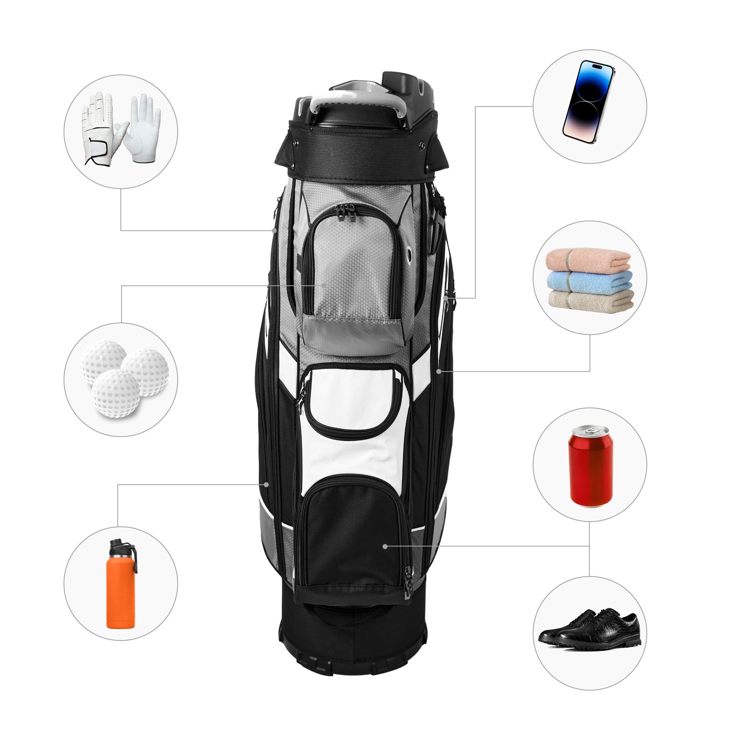 RAIKOU Golfballtasche Golf Cartbag mit 14-fach Organizer, wasserabweisende 9 Taschen, Schuhfach, leicht & stabil, Grau/Schwarz/Weiß