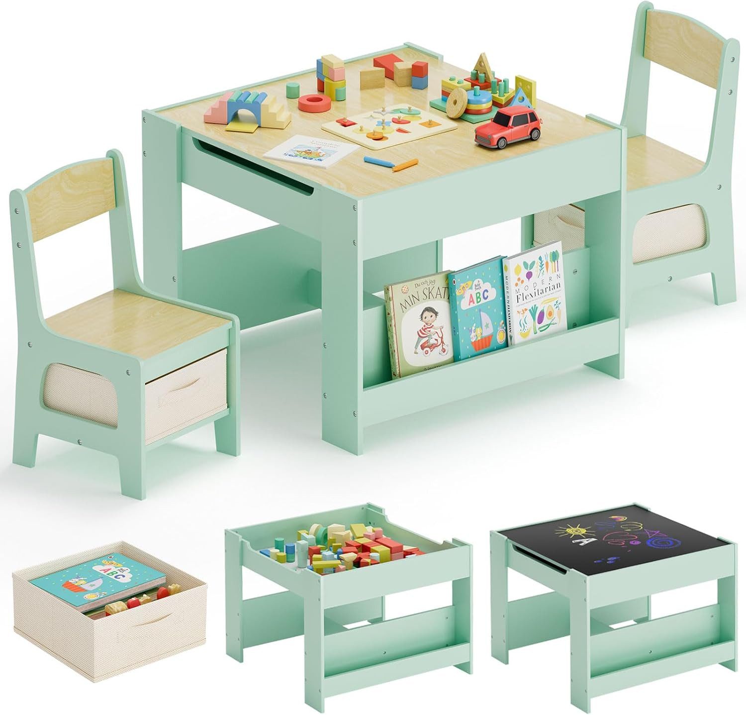 TLGREEN Kindersitzgruppe 3-in-1 Multifunktional mit Whiteboard & Kreidetafel, (Maltisch & Schreibtisch mit Großen Stauraum & Buchständer, Spieltisch für Lego Kinderzimmer), Klappbar, Sicher, für Jungen Mädchen ab 3-6 Jahren