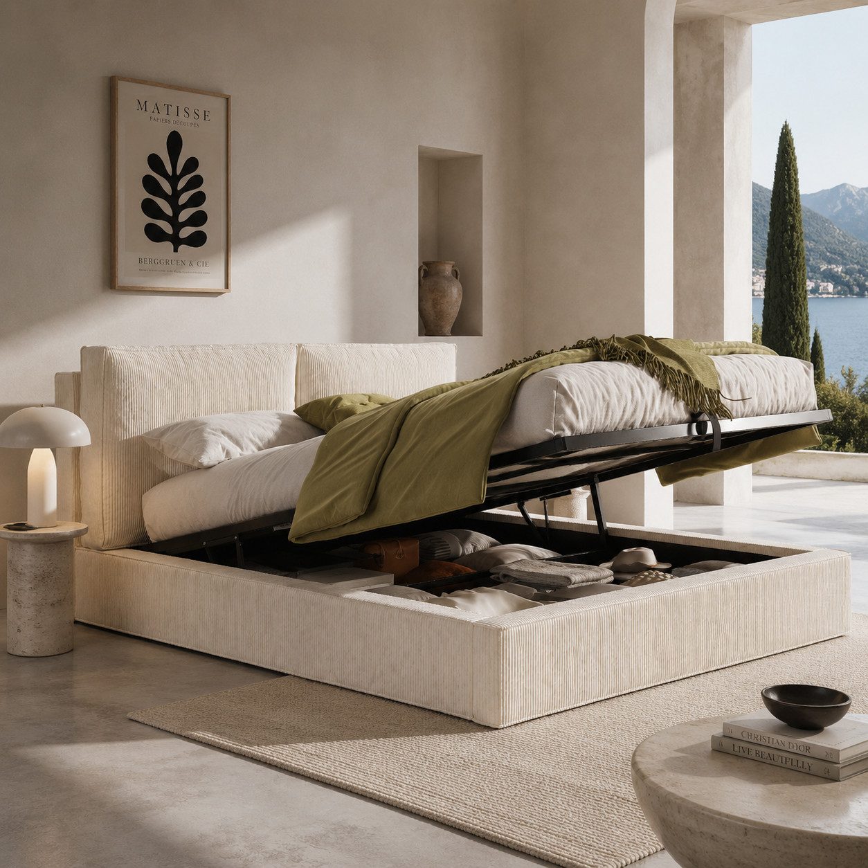 KLAM HOME Polsterbett Beiges Polsterbett aus Chenille mit gepolstertem hohem Kopfteil (Doppelbett 180x200cm mit Hydraulik-Stauraum und Lattenrost), Funktionsbett mit Unterbettstauraum für aufgeräumtes Schlafzimmer