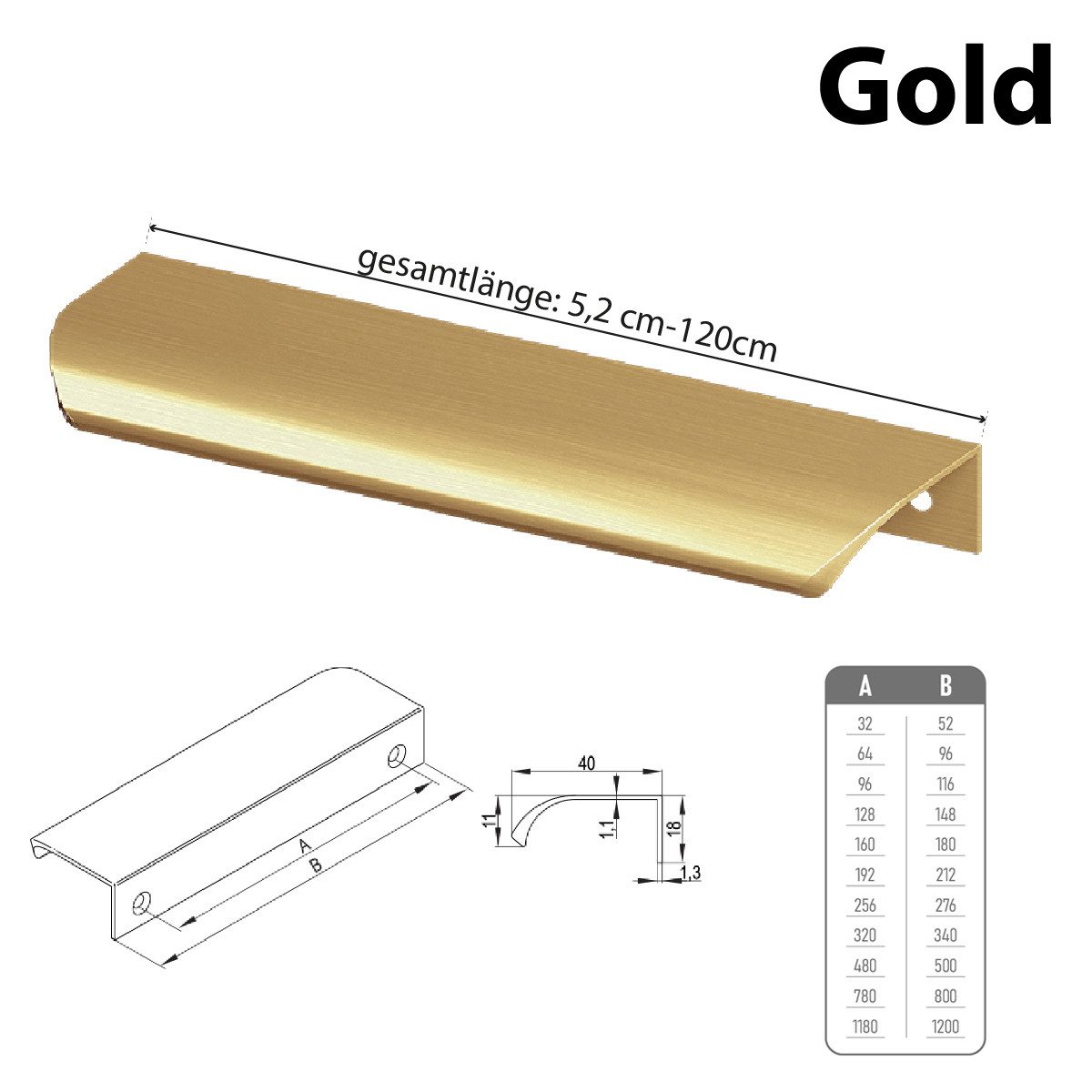 Prima-Online Möbelgriff Möbelgriff Griffleiste Aluminium Gold gebürstet 52-1200mm Küchengriff – Bild 3 von 5