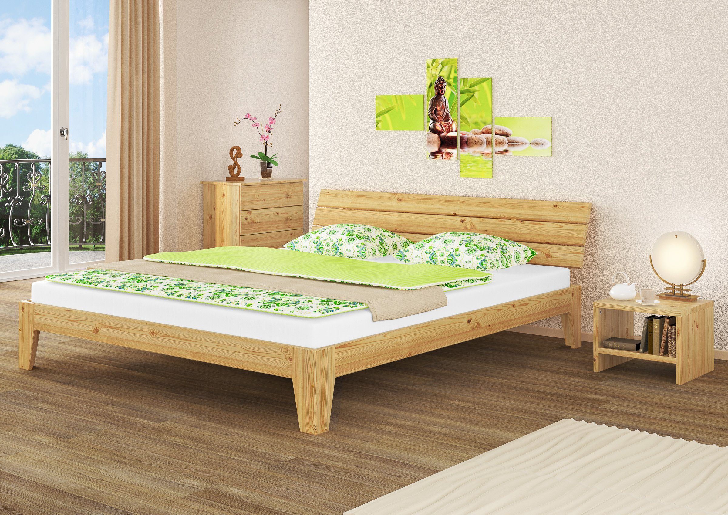 ERST-HOLZ Bett Doppelbett 180x200 Kiefer Kieferfarblos lackiert mit u. natur Matratzen, Rollrost