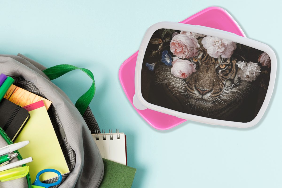 rosa - Blumen Kunststoff Lunchbox (2-tlg), Kunststoff, Kinder, Tiger Snackbox, für Brotbox Porträt, - Erwachsene, MuchoWow Brotdose Mädchen,