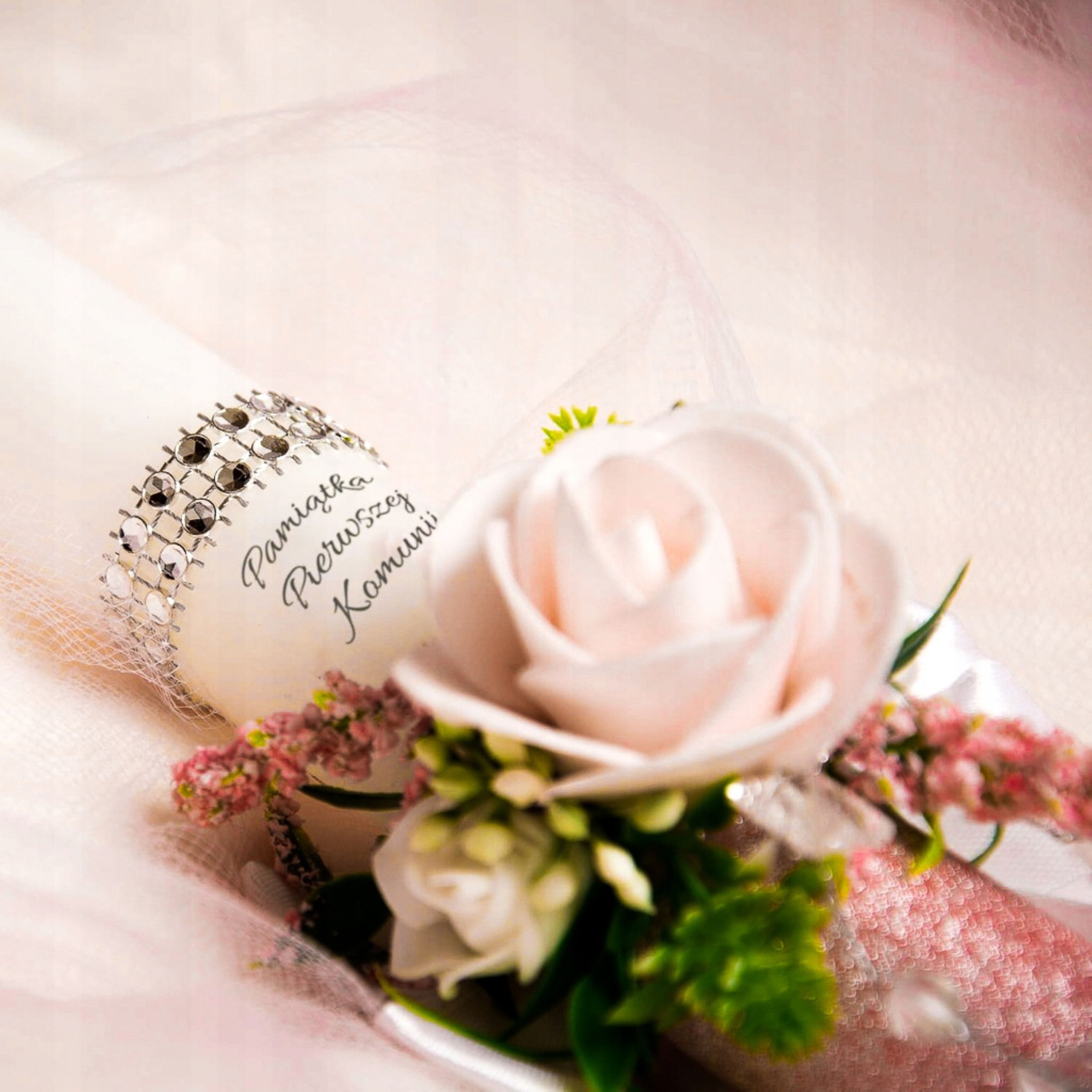 Sacramenta Kommunionskarte Kommunionkerze Mädchen Handarbeit Rosa Weiß Blumen 40cm