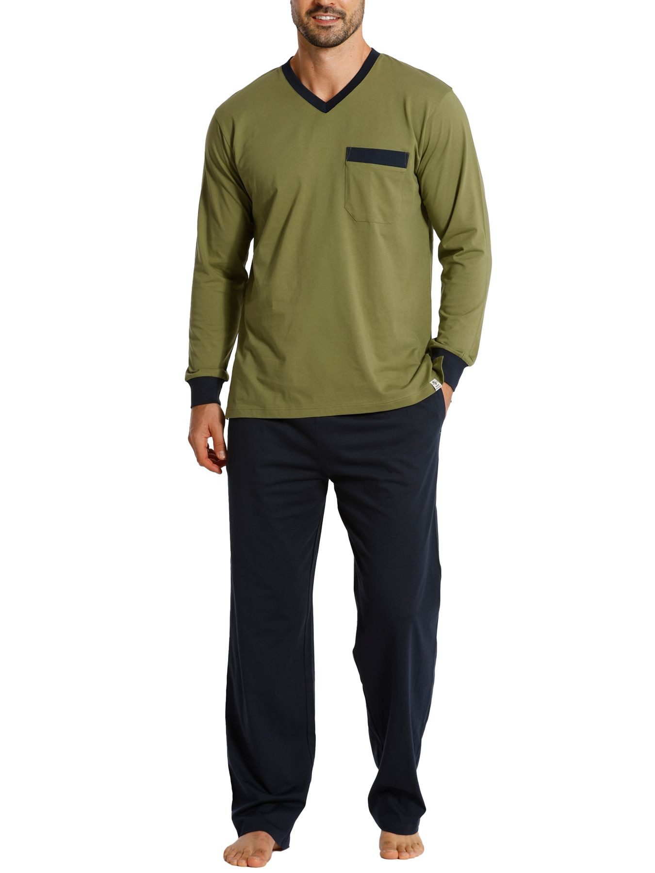 HAASIS Bodywear 1919 Pyjama Herren Pyjama 77109922-navy/olive (1 tlg) Pyjama, V-Hals, Brusttasche, Hose m. Seitentaschen