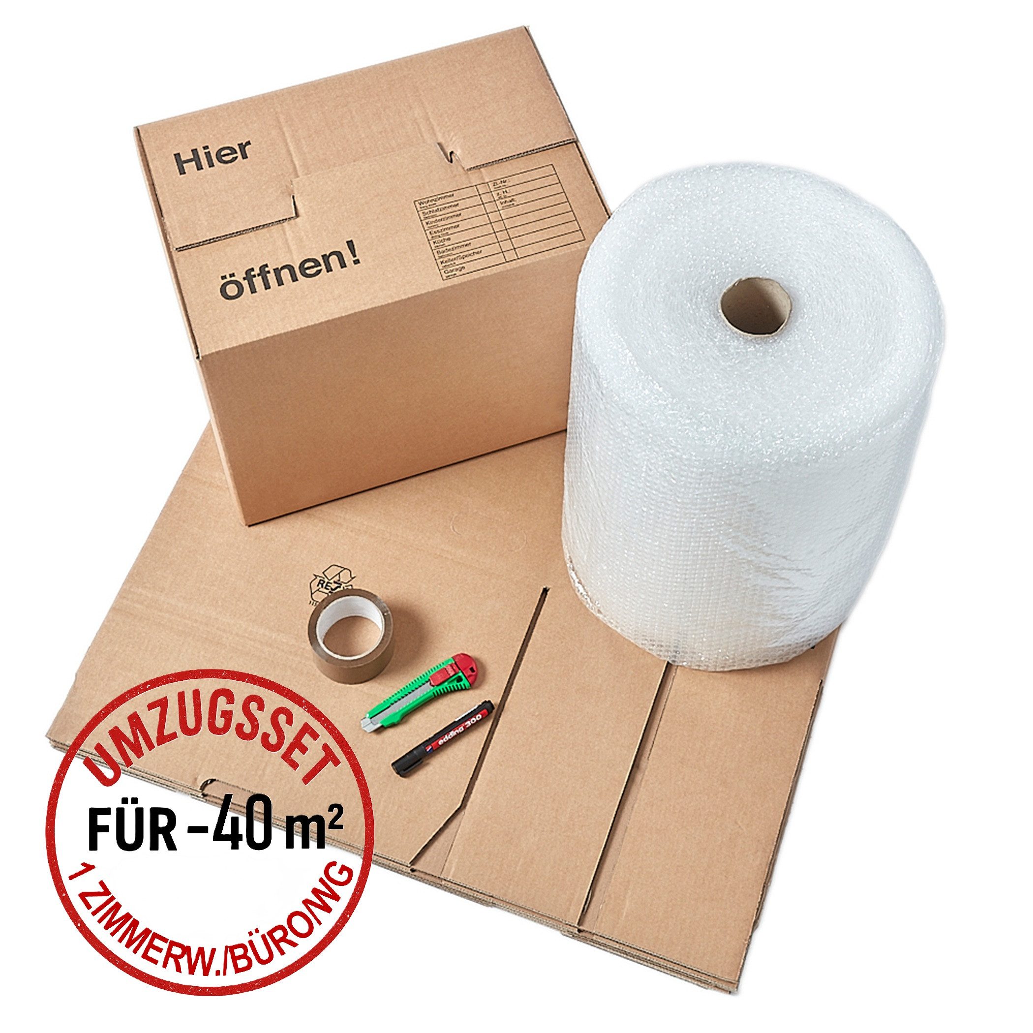 BB-Verpackungen Umzugskarton Umzugskomplettpaket Umzugsset, für 1-Zimmer-Wohnungen, Büros, WGs, für bis zu 40 m²
