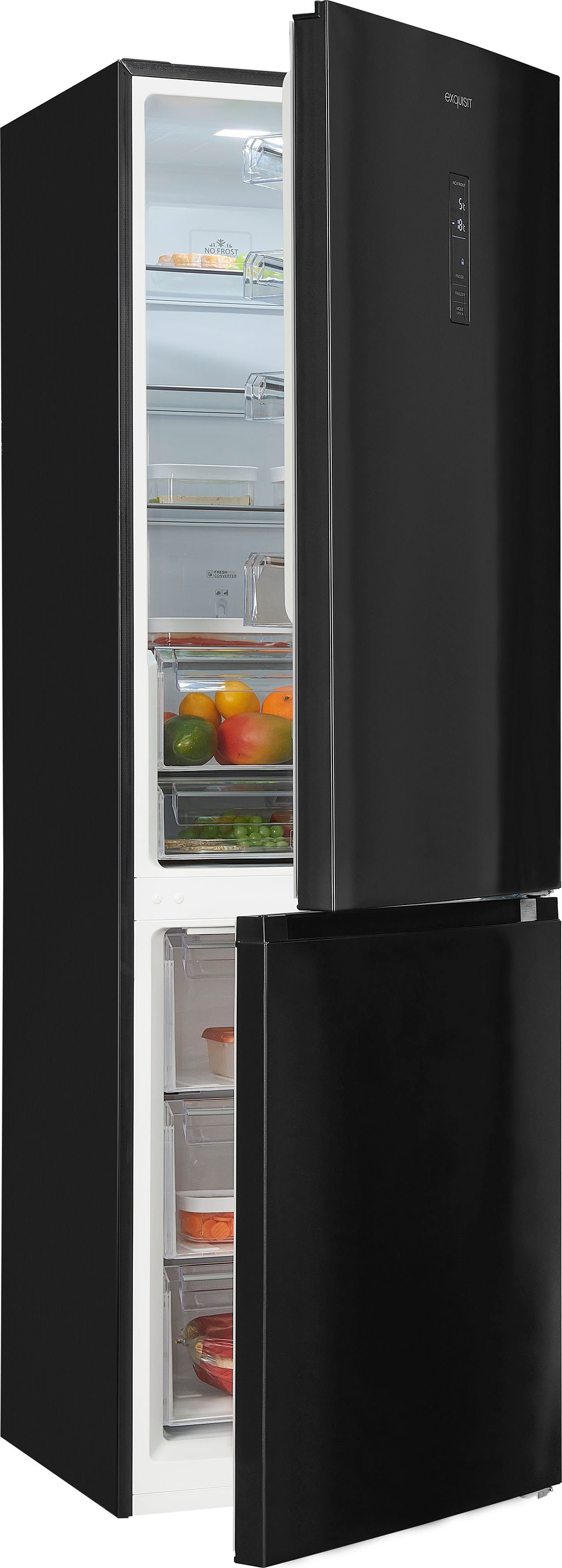 exquisit Kühl-/Gefrierkombination KGC350-105-NF-040C inoxlook-az, 193 cm hoch, 60 cm breit, Energieeffizienzklasse C, 347 L Volumen, Total NoFrost, Display