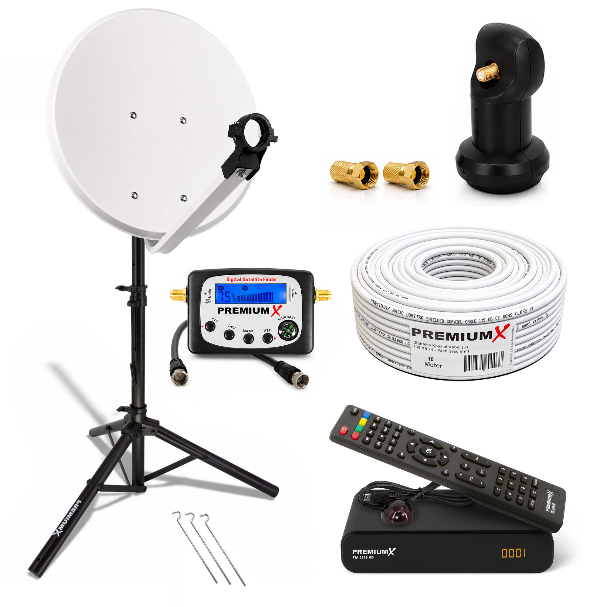 PremiumX Camping Sat Anlage 45cm Antenne LNB Kabel Stativ Receiver SatFinder SAT-Antenne