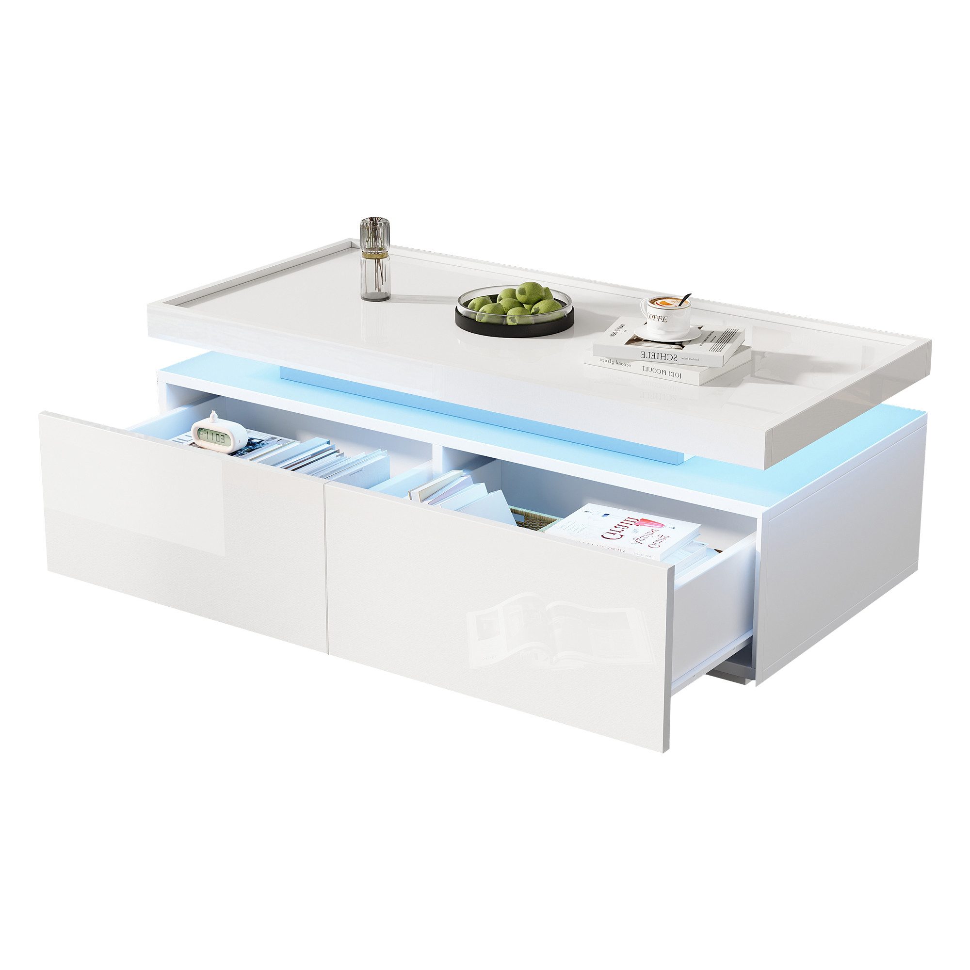 Merax Couchtisch Couchtisch hochglanz Sofatisch Beistelltisch mit LED-Beleuchtung (1-St., 1 Tisch), Wohnzimmertisch mit 2 Schubladen & Ablage, inkl. App, 95x45x35 cm