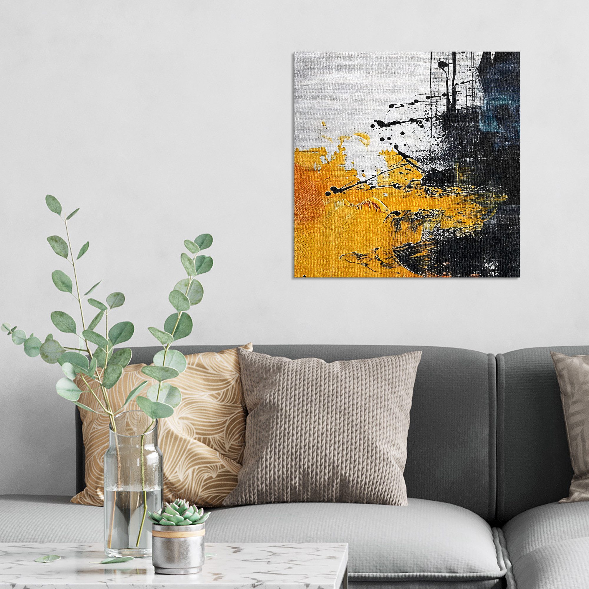 DEQORI Leinwandbild 'Gelbschwarze Lebendigkeit', 'Gelbschwarze Lebendigkeit', Hybrid Leinwand Bild Wandbild flach modern