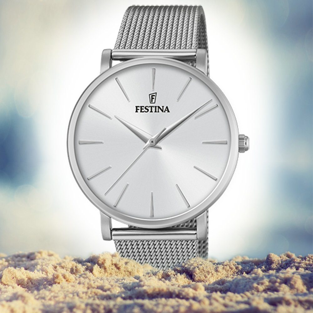 Festina Quarzuhr Festina Damen Uhr F20475/1 Stahl, (Analoguhr), Damen Armbanduhr rund, Edelstahlarmband silber