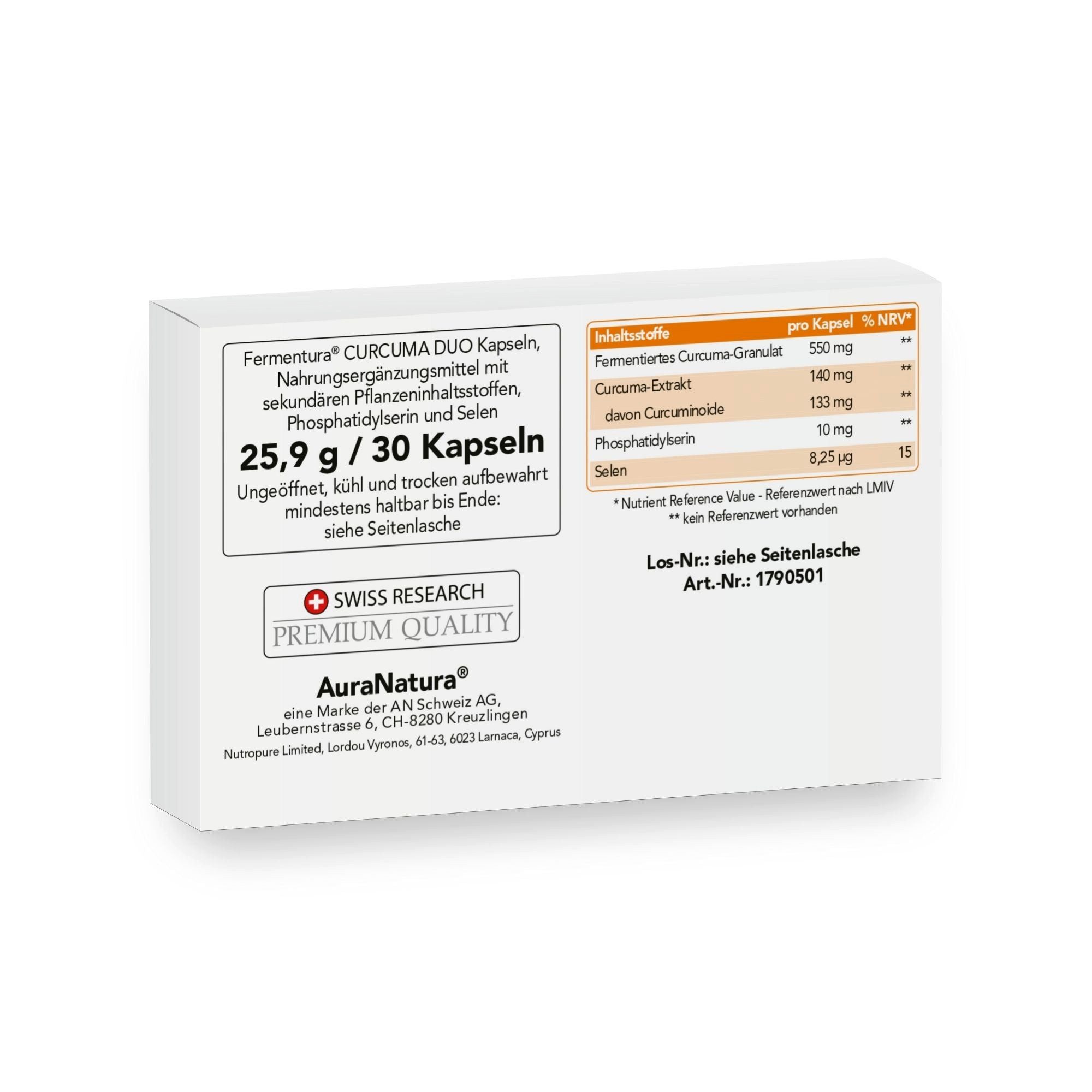 Aura Natura Fermentura® CURCUMA DUO, Hochdosierte Kurkuma-Kapseln mit Selen Kapseln, Packung à 30 St., 25.9 g, curcuma fermentiert