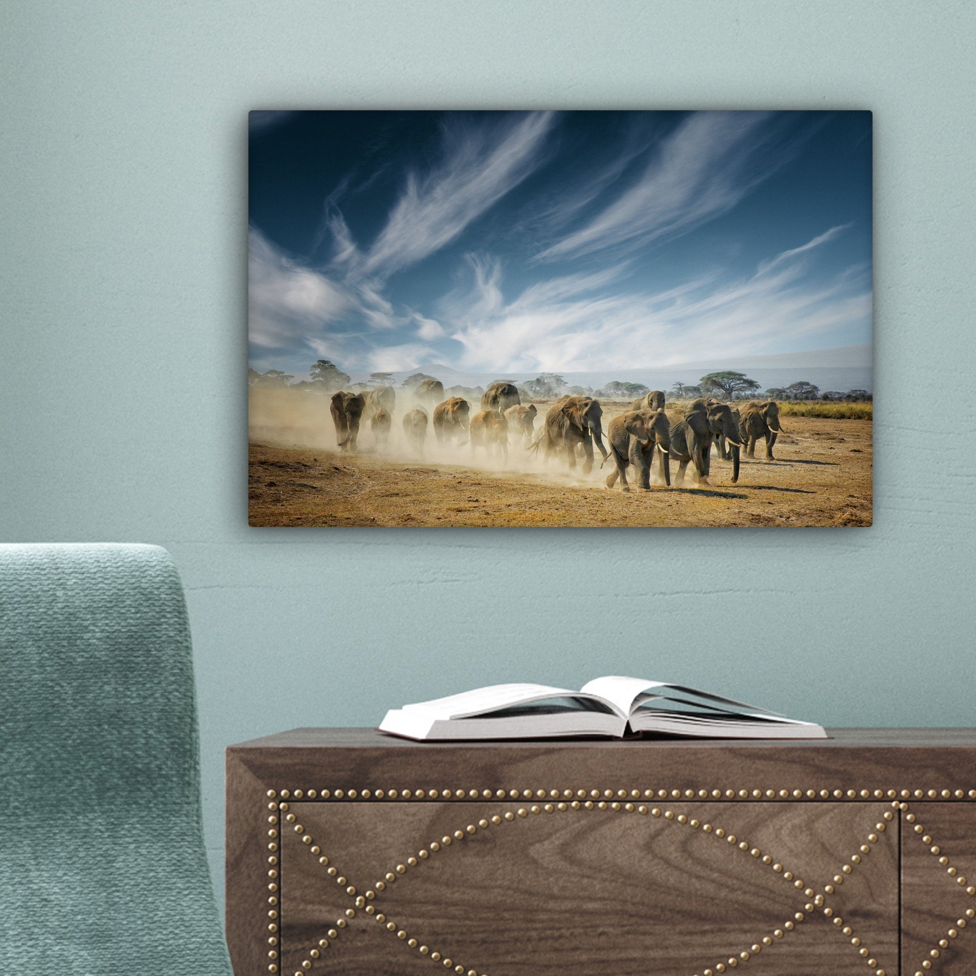 (1 Elefanten - Tiere Aufhängefertig, 30x20 - Landschaft cm Leinwandbilder, St), Wanddeko, Natur, Wandbild OneMillionCanvasses® - Leinwandbild