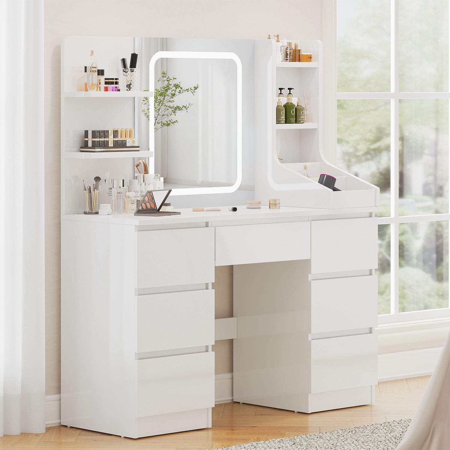 Furnicopia Schminktisch Einstellbare Helligkeit mit 7 Schubladen und 8 offe günstig online kaufen