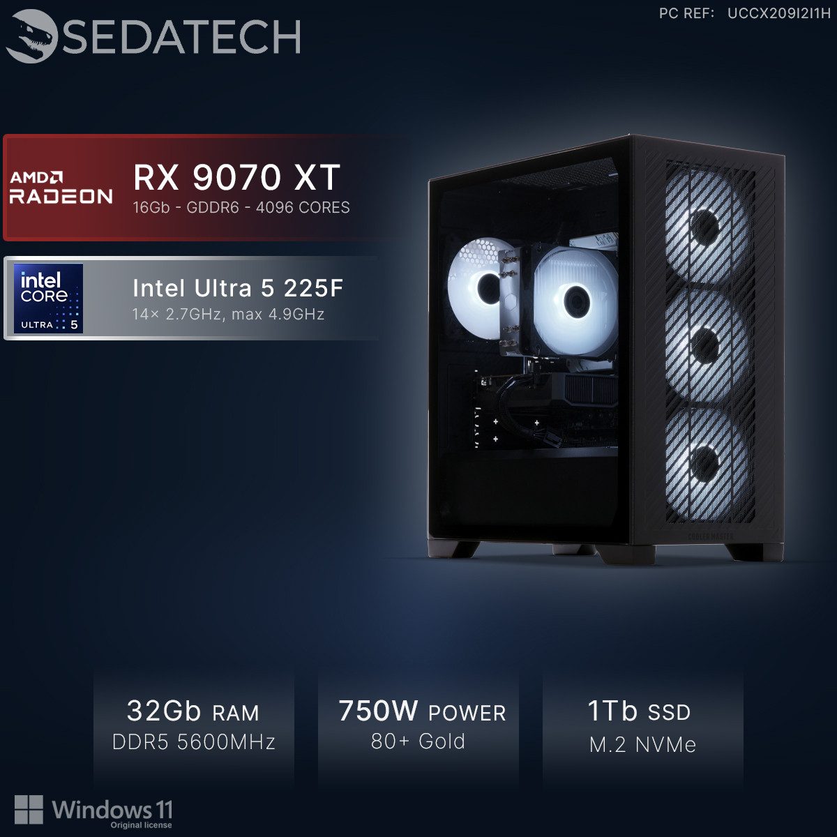 Sedatech UCCX209I2I1HF - Gaming-PC (Intel Intel Core Ultra 5 Intel Core Ultra 5 225F 14x 2.7GHz (max 4.9GHz), Radeon RX 9070 XT 16GB, 32 GB RAM, 1000 GB SSD, Wlan 6E)