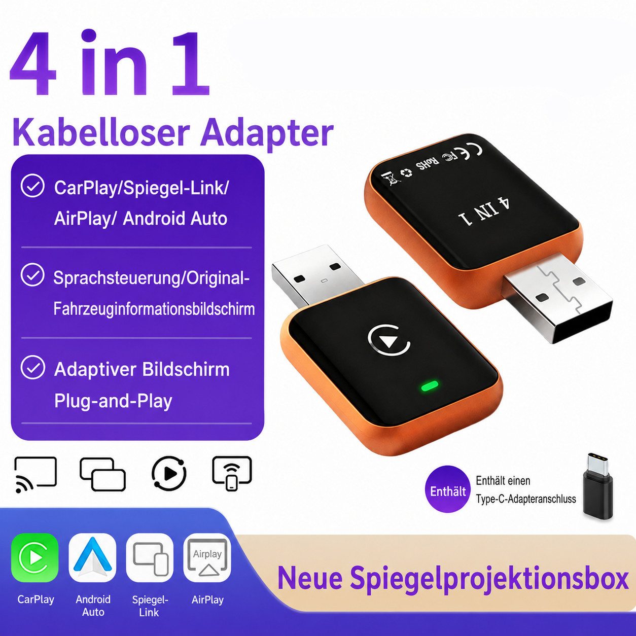 ibettertec 4-in-1-Adapter für kabelloses CarPlay, AirPlay, Dashcam (Android Auto und Android Miracast Auto, Kompatibel mit Android Miracast und Apple AirPlay, USB-A,Mit iPhone 6 and Android 11 and Above mit Wired CarPlay Autos)