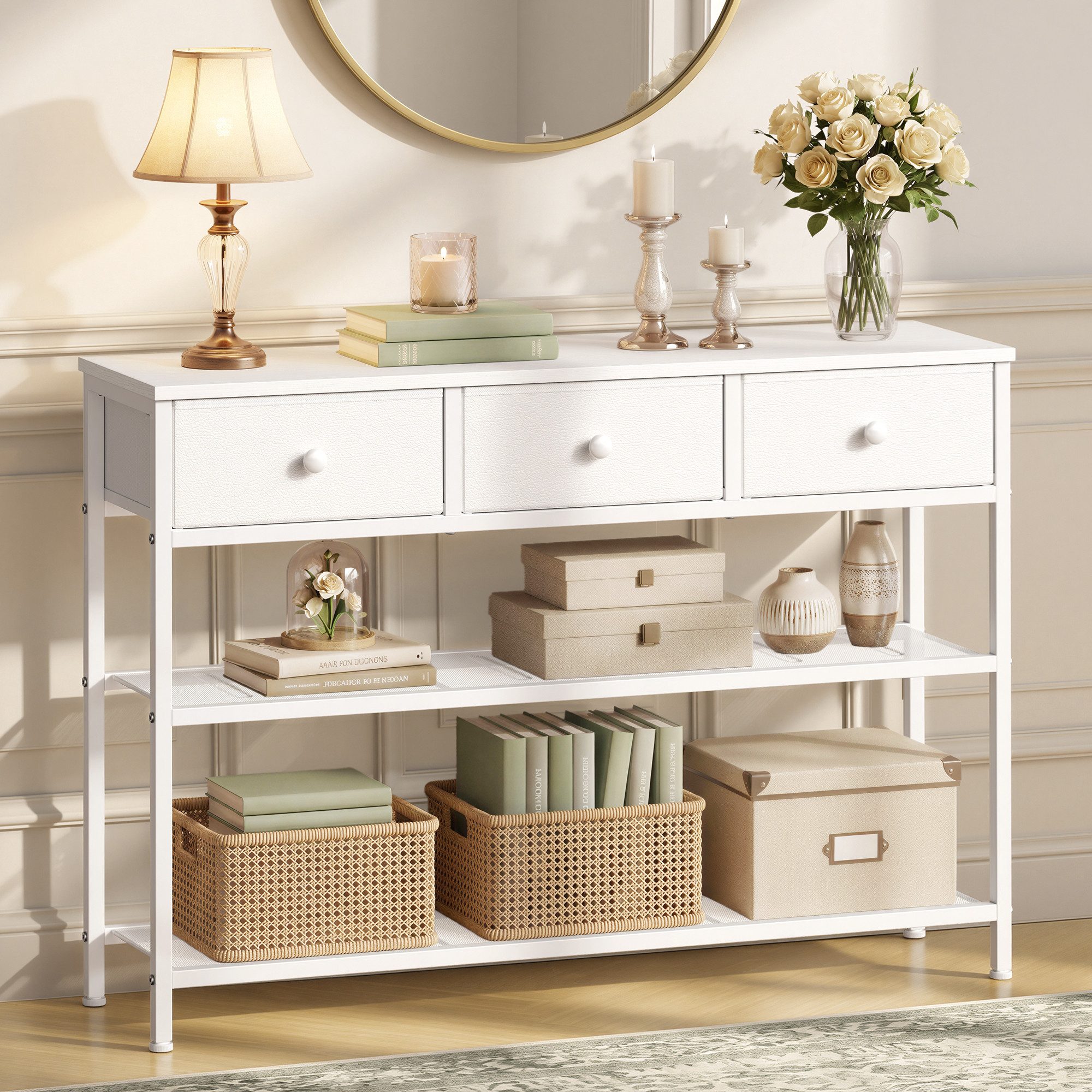 SONGMICS Konsolentisch Flurtisch mit 2/3 Stoffschubladen und 2 Gitterablagen, 98,8 x 30 x 78,7 cm, für Wohnzimmer und Eingangsbereich, Beistelltisch – Bild 2 von 5