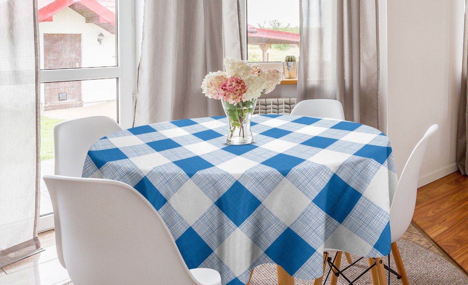Abakuhaus Tischdecke Kreis Tischdecke Abdeckung für Esszimmer Küche Dekoration, Blau und weiß Checkered Plaid Gitter