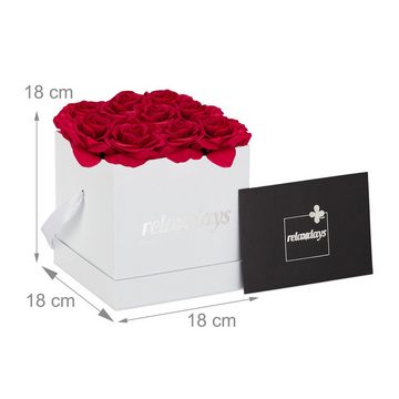 Künstliche Zimmerpflanze Weiße Rosenbox eckig mit 9 Rosen, relaxdays, Höhe 18 cm, Rot