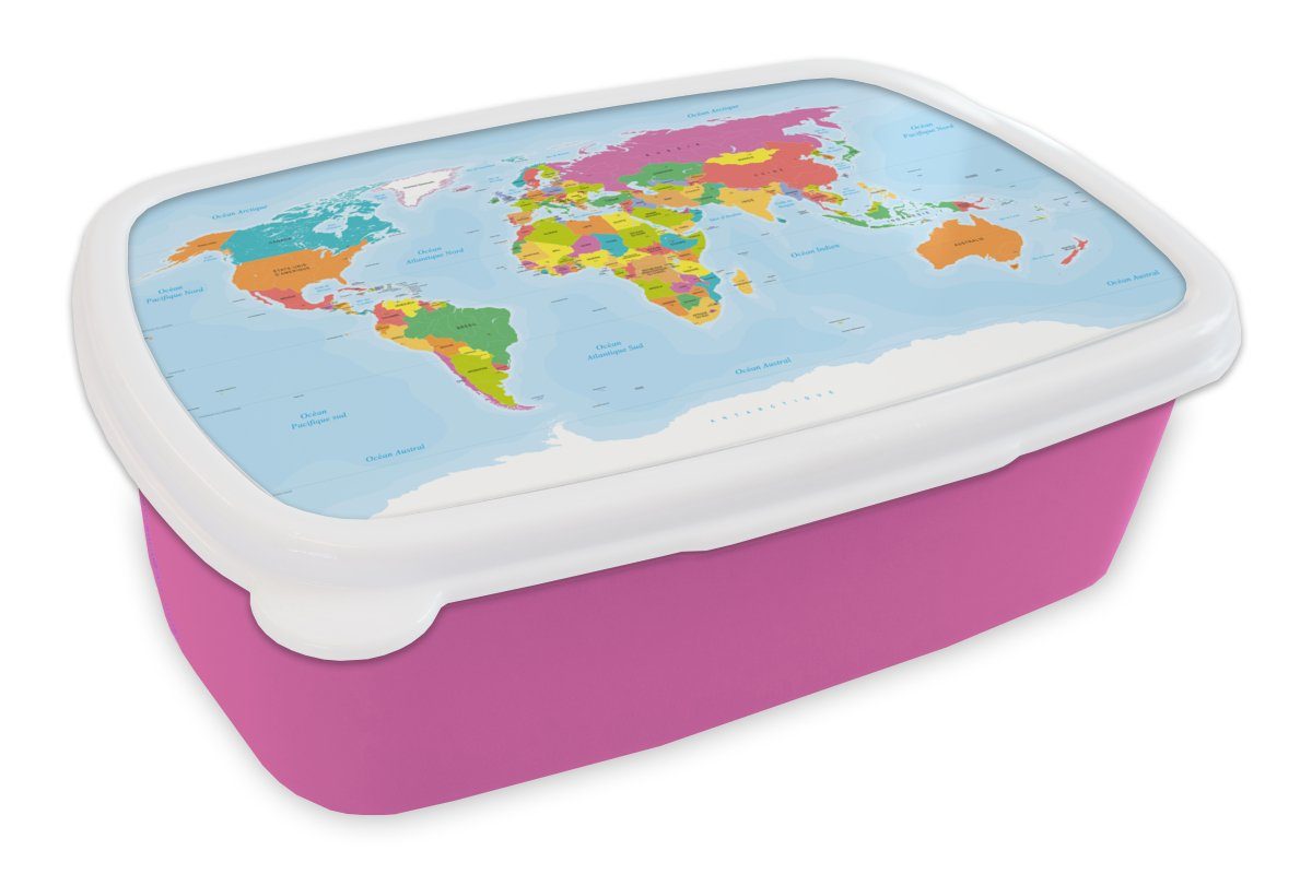 MuchoWow Lunchbox Französische Weltkarte - Farben - Einfach, Kunststoff, (2-tlg), Brotbox für Erwachsene, Brotdose Kinder, Snackbox, Mädchen, Kunststoff rosa