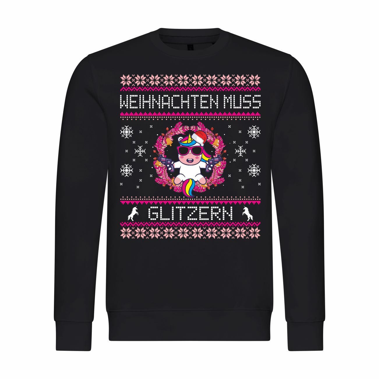 Rundhalspullover Herren Pullover Weihnachten muss glitzern Einhorn