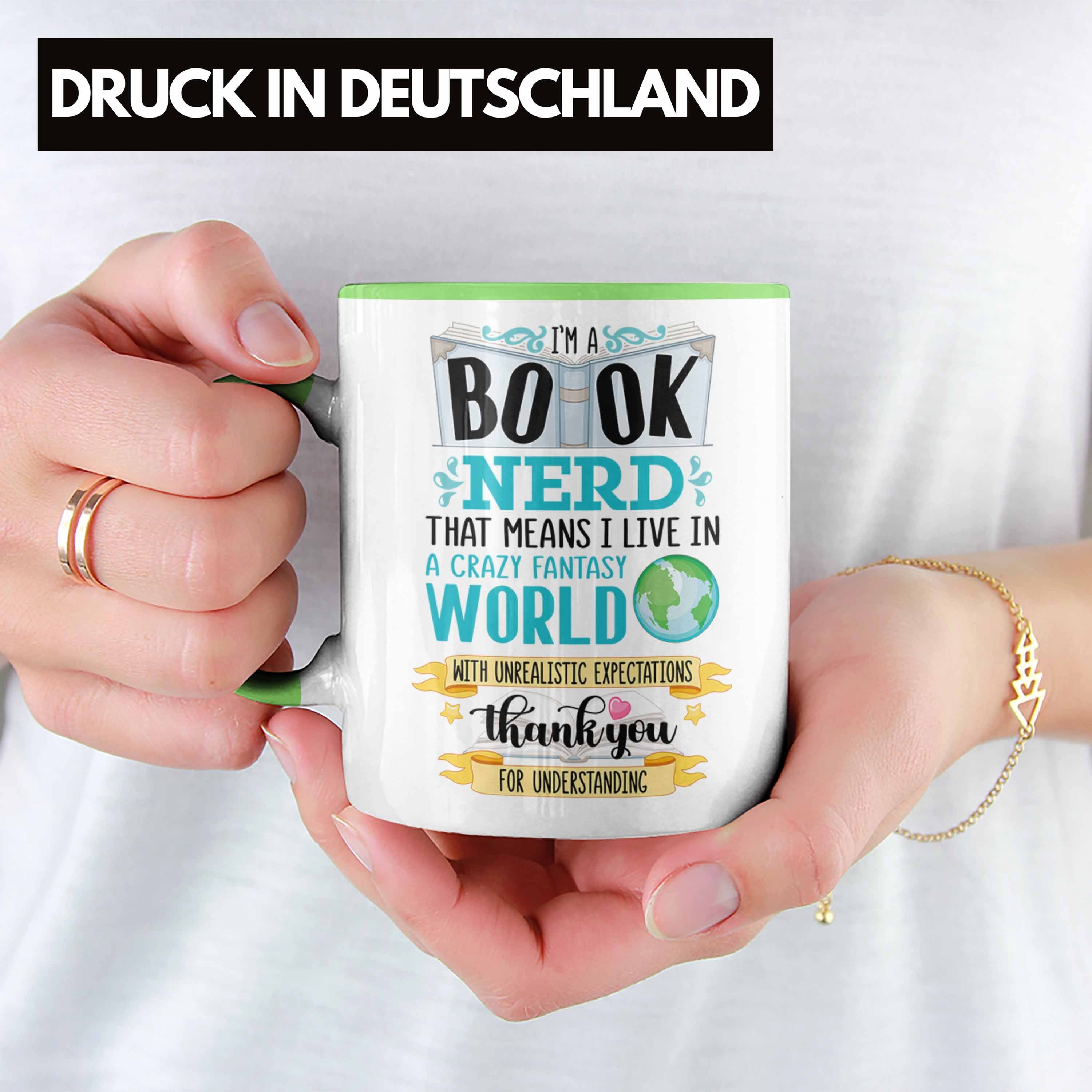 Geschenkidee Kaffeetasse Buch Lesen Grün Tasse mit Tasse Bücherwurm - Leseratte Trendation Leser Spruch Trendation