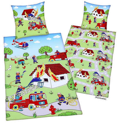 Kinderbettwäsche Bettwäsche Feuerwehr-Wendemotiv 135 x 200 cm, Herding Young Collection, Baumwolle glatt, 100% Baumwolle