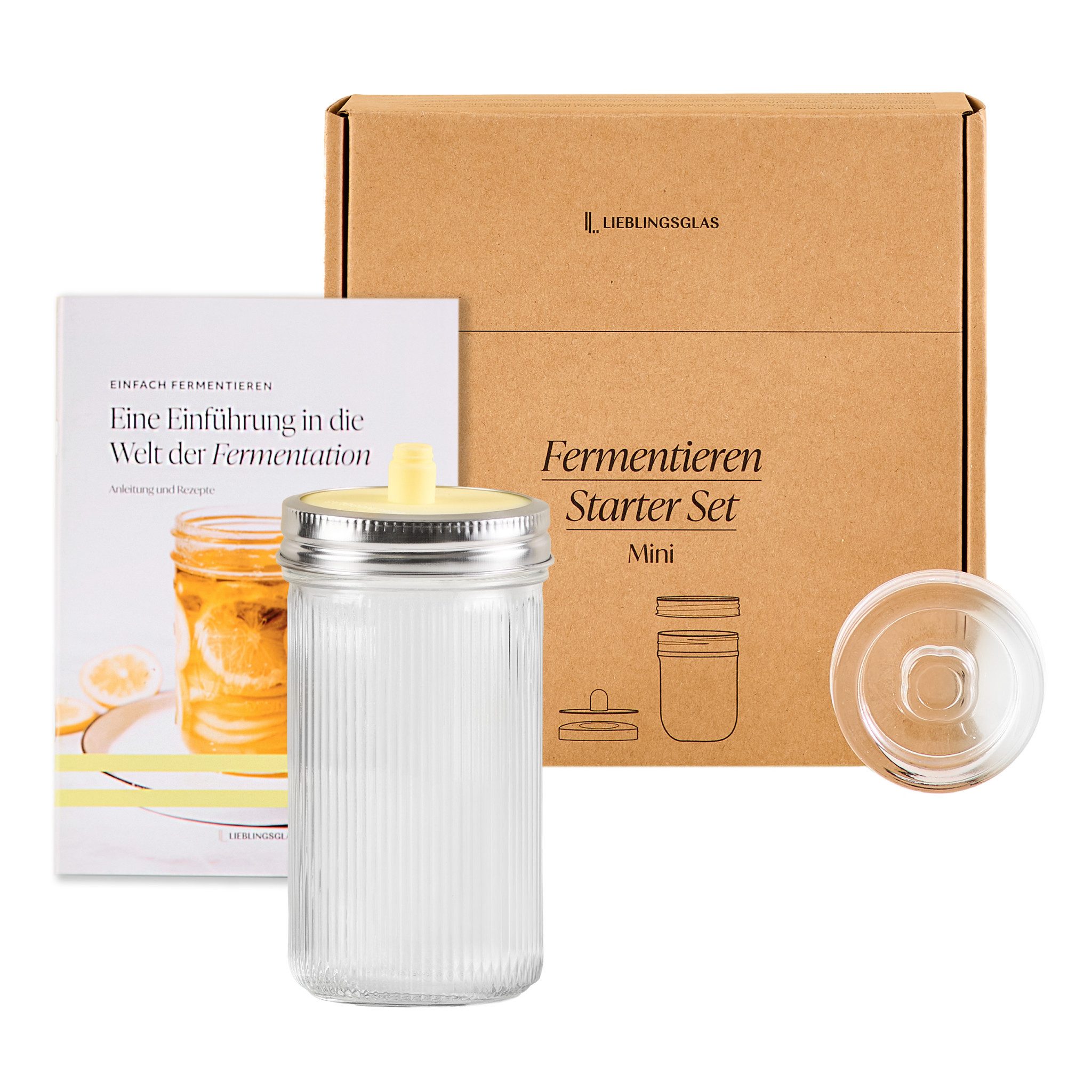 Lieblingsglas Fermentationsglas Fermentieren Starter Set, für Anfänger, Glas, (Set, 4-tlg., inkl. Glas, Fermentier-Deckel, Glasgewicht & Booklet), Einsteiger-Set für selbstgemachte Fermente, Geschenk-Set