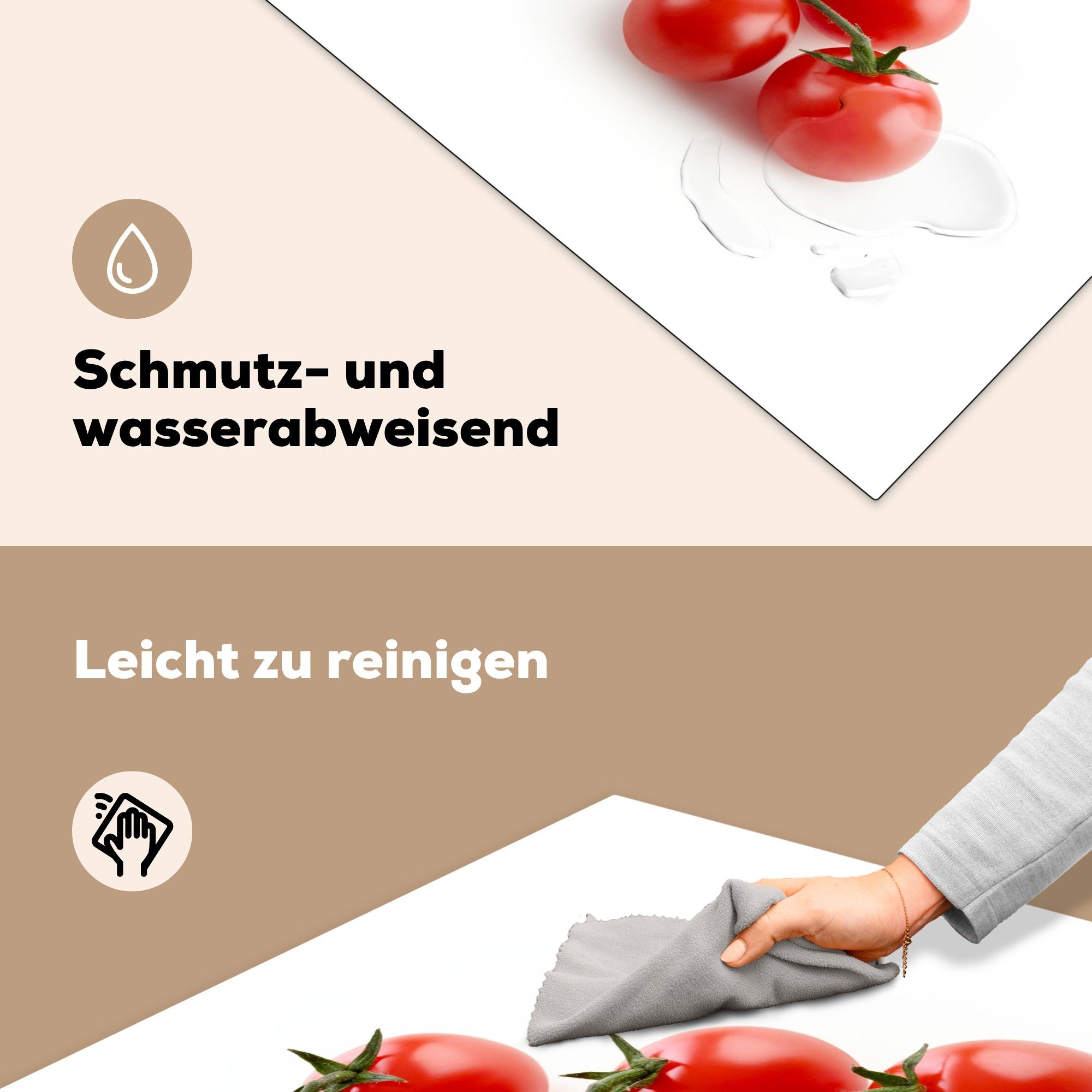 MuchoWow Herdblende-/Abdeckplatte Rote und (1 für tlg), cm, küche weißen vor 78x78 Ceranfeldabdeckung, einem Vinyl, Hintergrund, Arbeitsplatte glänzende Tomaten