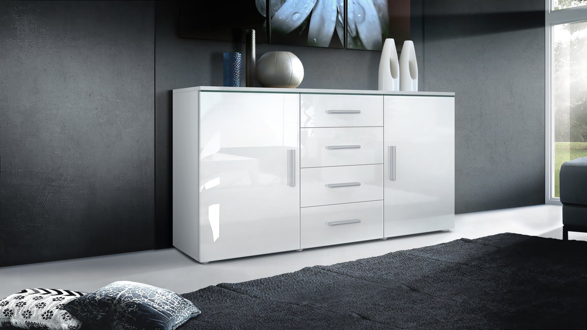Vladon Sideboard Verona V1 (Kommode, mit 2 Türen und 4 Schubladen), Weiß ma günstig online kaufen