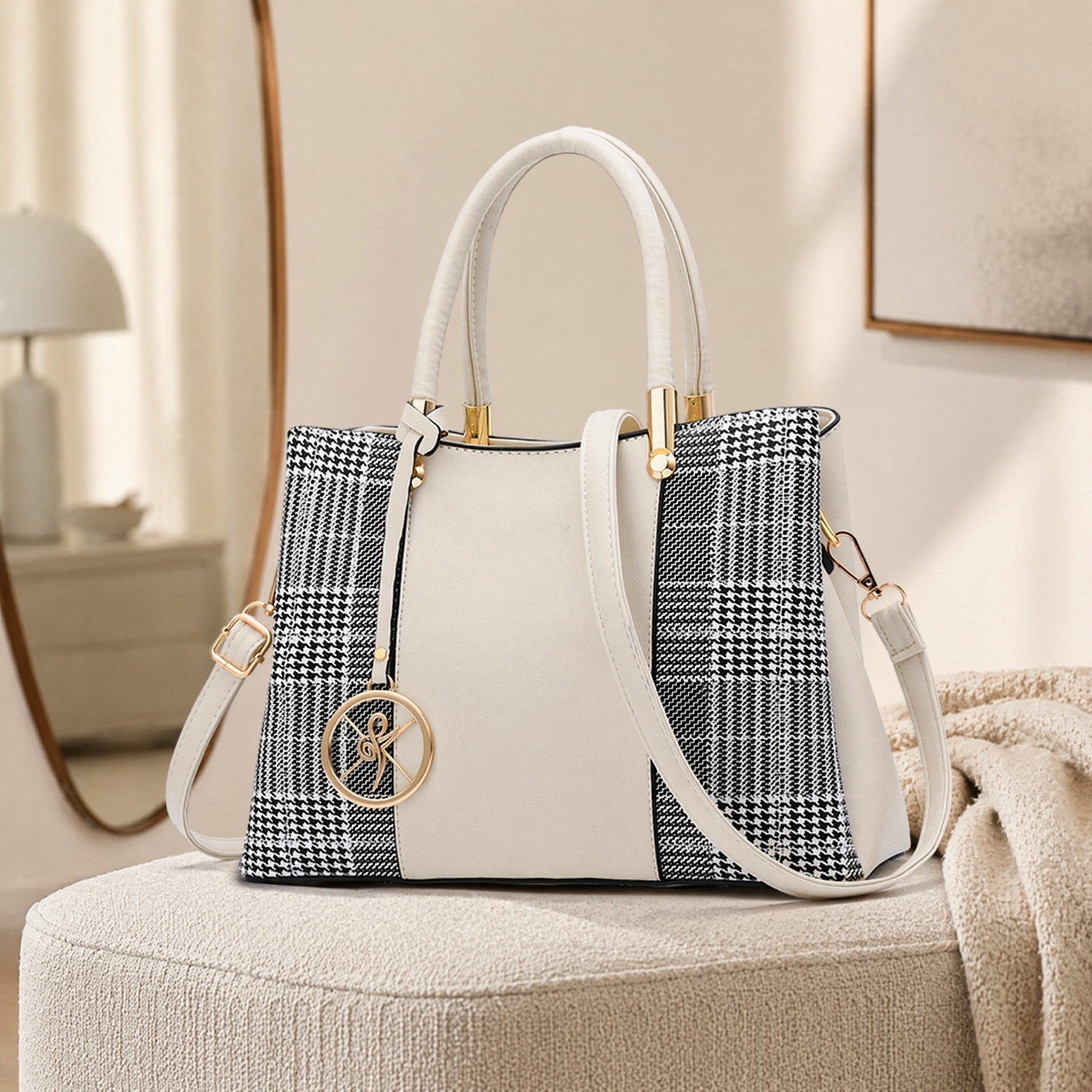 REDOM Henkeltasche 36x30x13 cm aus PU Damen Tasche für Alltag & Business (Abnehmbar Schultergurt, Crossbody-Handtasche flexibel Shopping-Reise, 1-tlg., Schultertasche, Bürotasche, Unitasche, Freizeittasche, Kunstleder), 7 Fächer Organisation mit Reißverschlussfächern für Handy iPad mini
