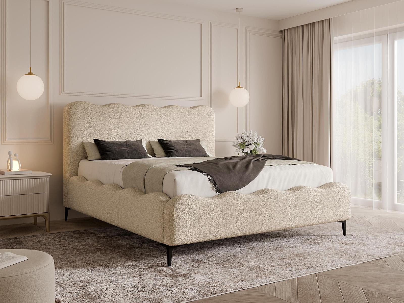 Compleo Polsterbett mit hohen Füßen, Designerbett, Bouclé-Stoff, Luxus Schlafzimmer, gepolstertes Doppelbett