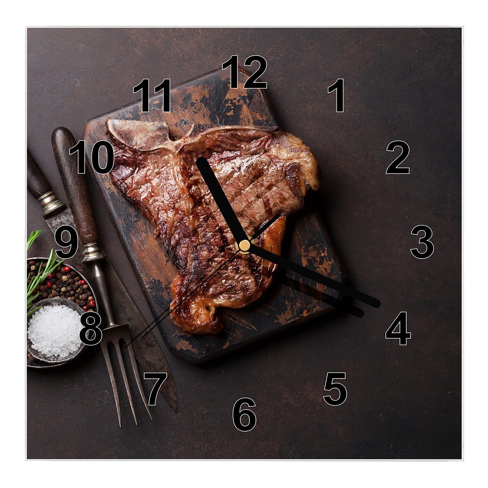 Primedeco Wanduhr Glasuhr Wanduhr Wandkunst Größe 30 x 30 cm mit Motiv Gegrilltes T-Bone Steak