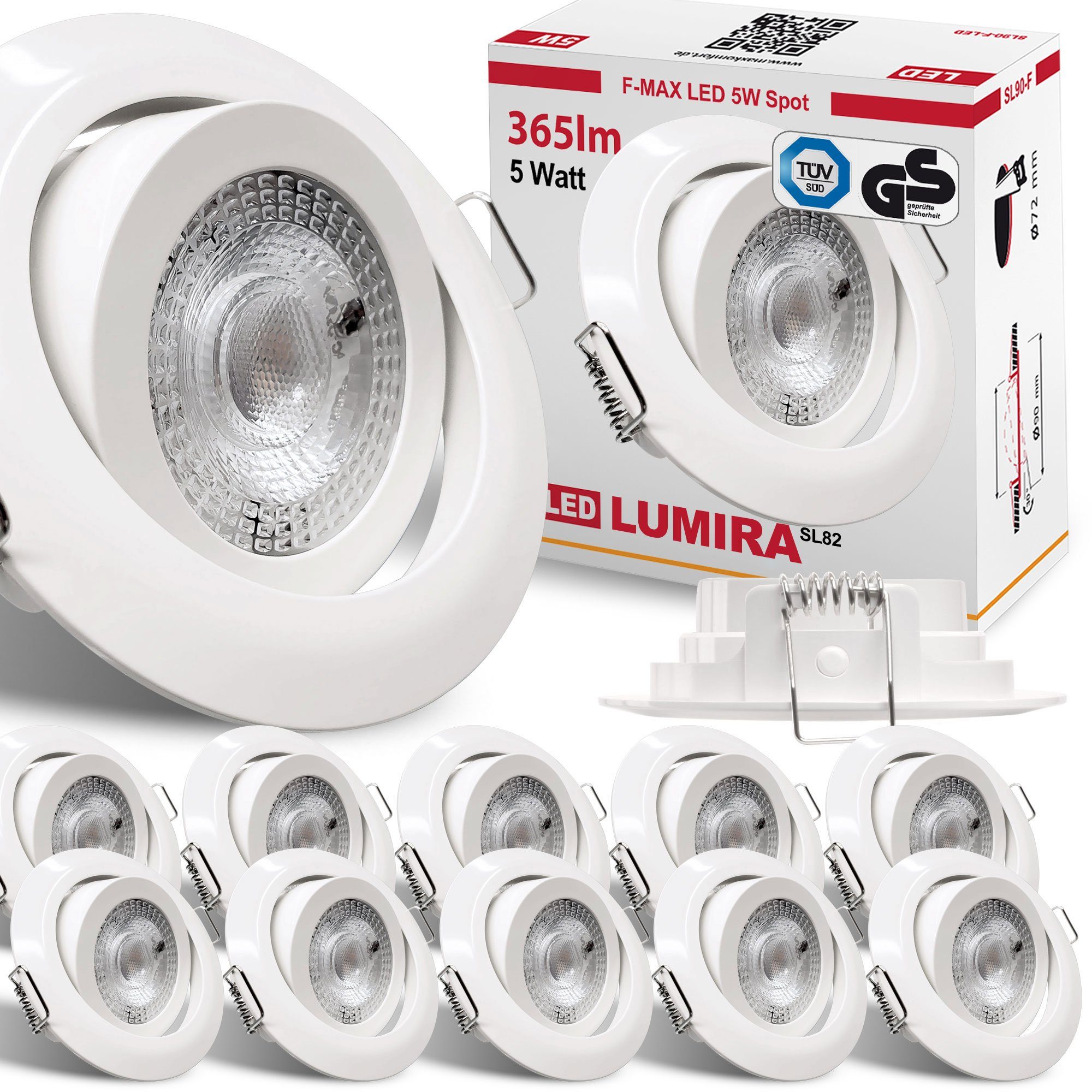 Maxkomfort LED Einbaustrahler 6/12er-Set Ultraflach & Schwenkbar, 3 Lichtfarben umschaltbar, LED fest integriert, (3000K/4000K/6500K), IP20 Deckenspots für Wohnzimmer, Küche & Flur - Ø82x25mm