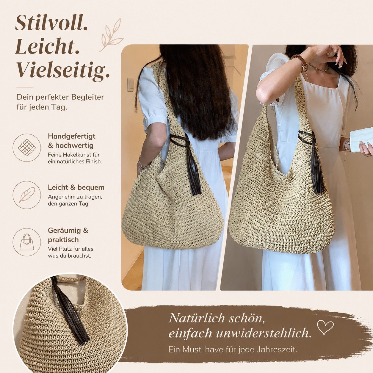 MOPUEA Strandtasche Strohtasche Damen Sommer Strandtasche Groß Gewebt Für Urlaub (Geflochtene Tote Bag Mit Großem Stauraum Für Alltag Und Reisen, 1-tlg., Rattan – Bild 4 von 5