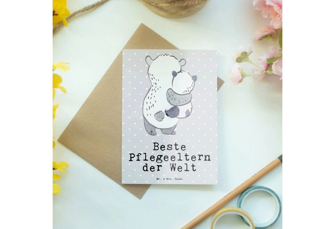 Thumbnail - Mr. & Mrs. Panda Grußkarte Panda Beste Pflegeeltern der Welt - Grau Pastell - Geschenk, Geburtst, Kreative Designs