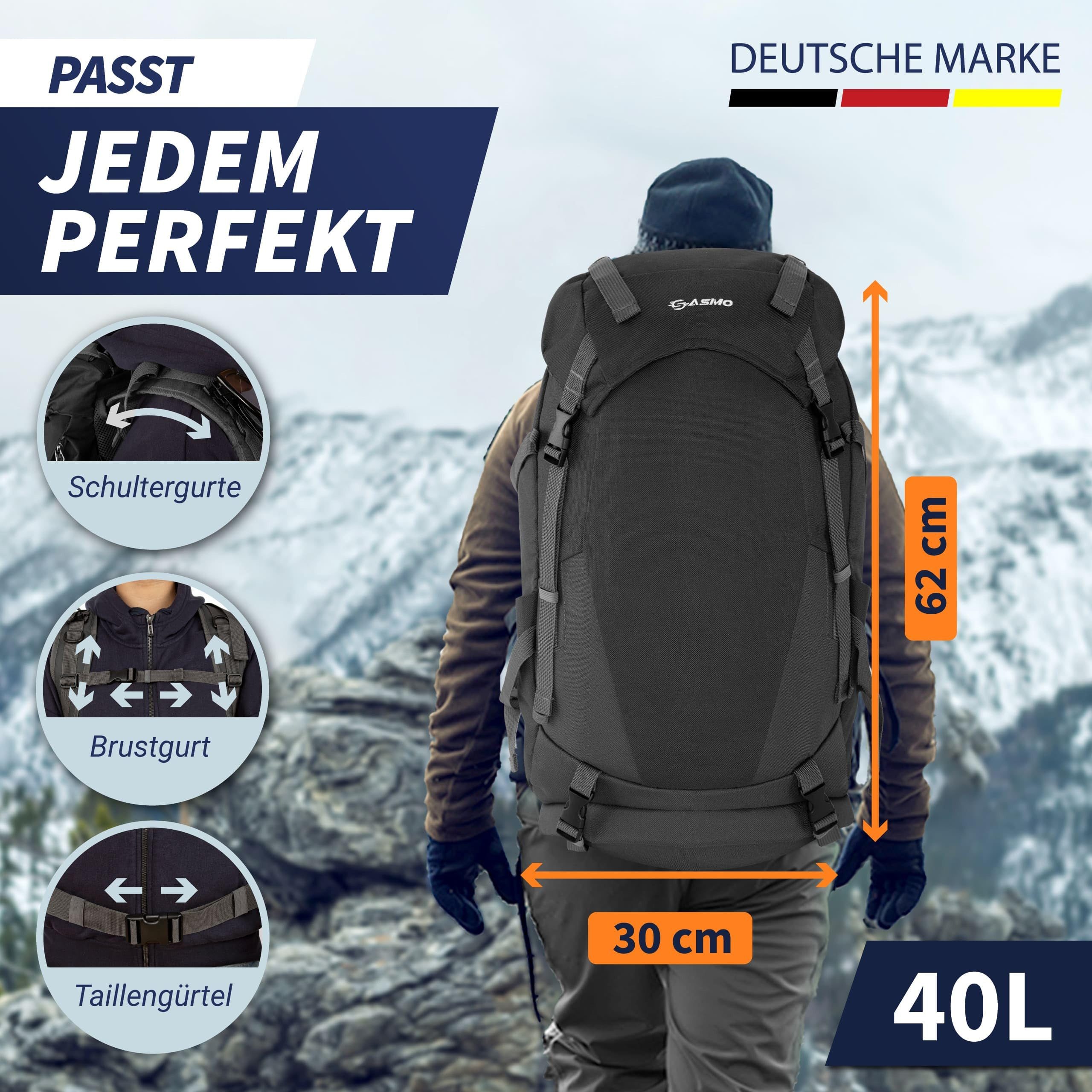 Sasmo Wanderrucksack Wanderrucksack 40l + 5l Mit Kontaktrücken, Isoliertes Frontfach, Integrierter Kulturbeutel, Schuhfach, - Inkl. Regenschutz