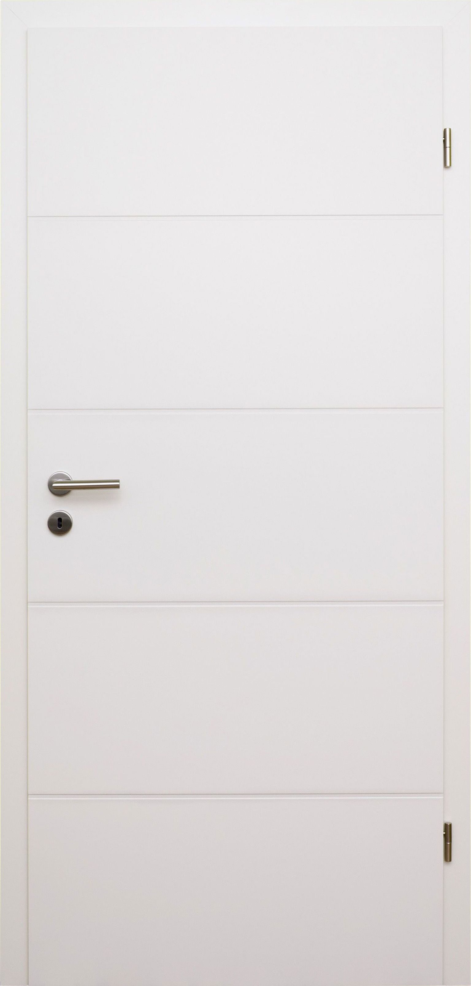 HORI Zimmertür HORI Zimmertür Komplettset Valencia Weißlack RAL9010 Eckkante (Set, 3-St., Türblatt, Zarge und Türdrückergarnitur), Valencia, Weißlack RAL9010, Röhrenspan, Eckkante, Griff Barcelona