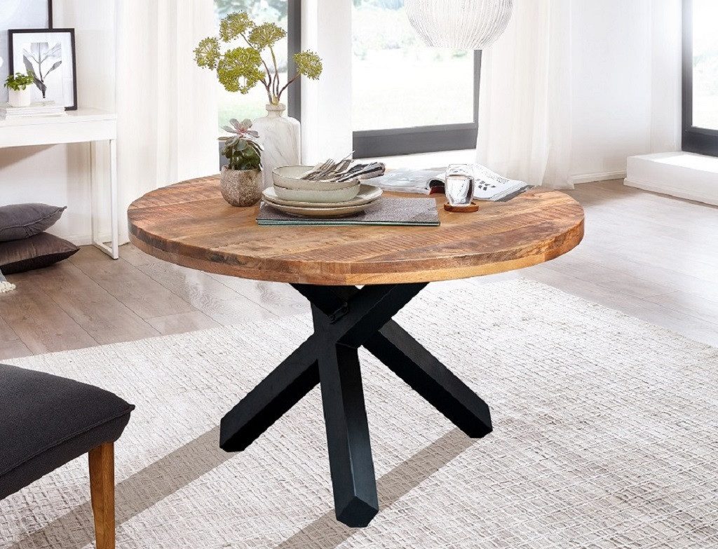 Main Möbel Esstisch rund Tisch Massivholz "Patna" 110cm Akazie & Metall schwarz
