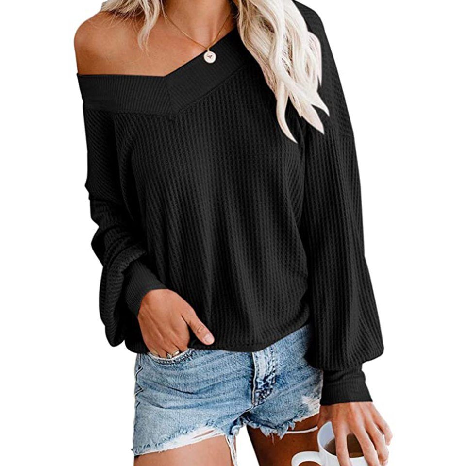 BEARSU Strickfleece-Pullover »Damen Pullover mit V-Ausschnitt langärmelig  Waffelstrick Schulterfrei« online kaufen | OTTO