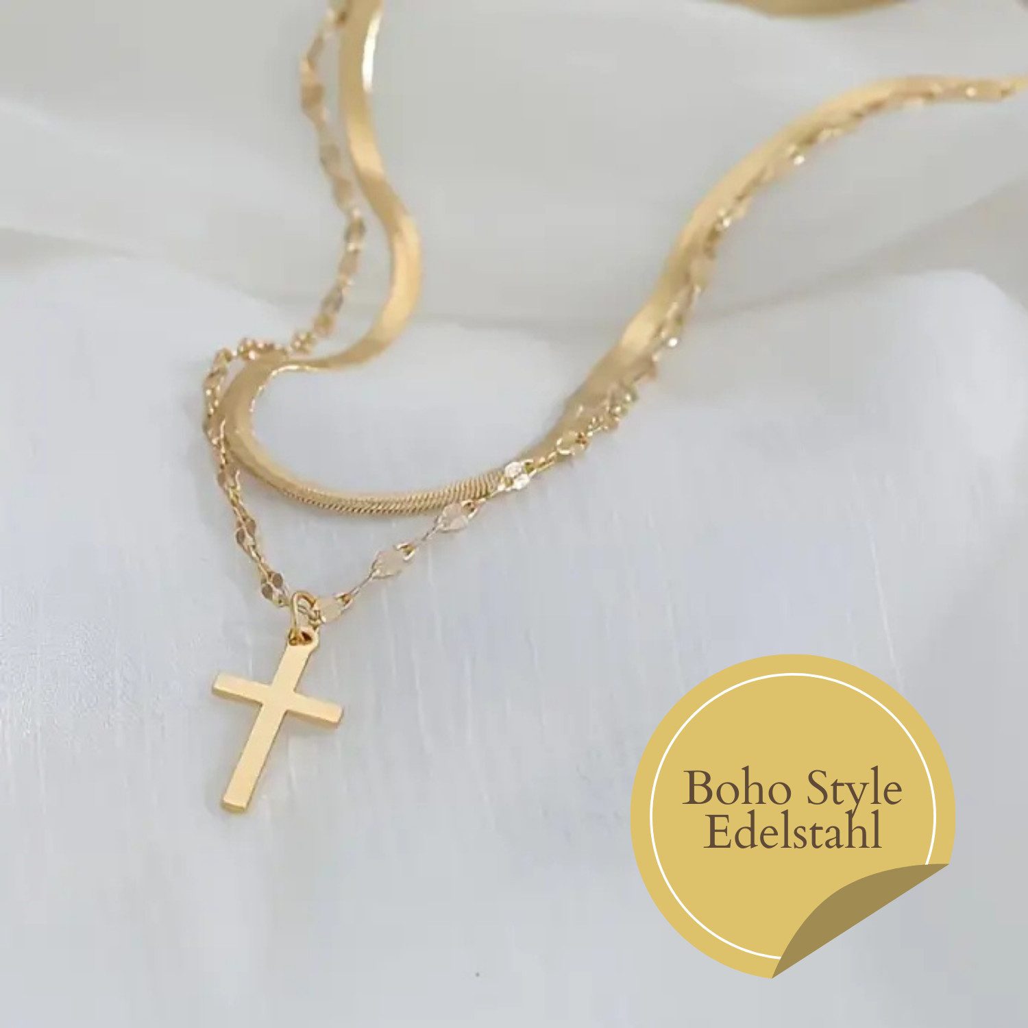 XCOAST Kreuzkette Kreuzkette Damen Double Layer Gold – 2-lagige Halskette mit Kreuz (feminin & modern im Etui, 1-tlg., Kreuz Symbolik), perfektes Geschenk, trendiges Layering