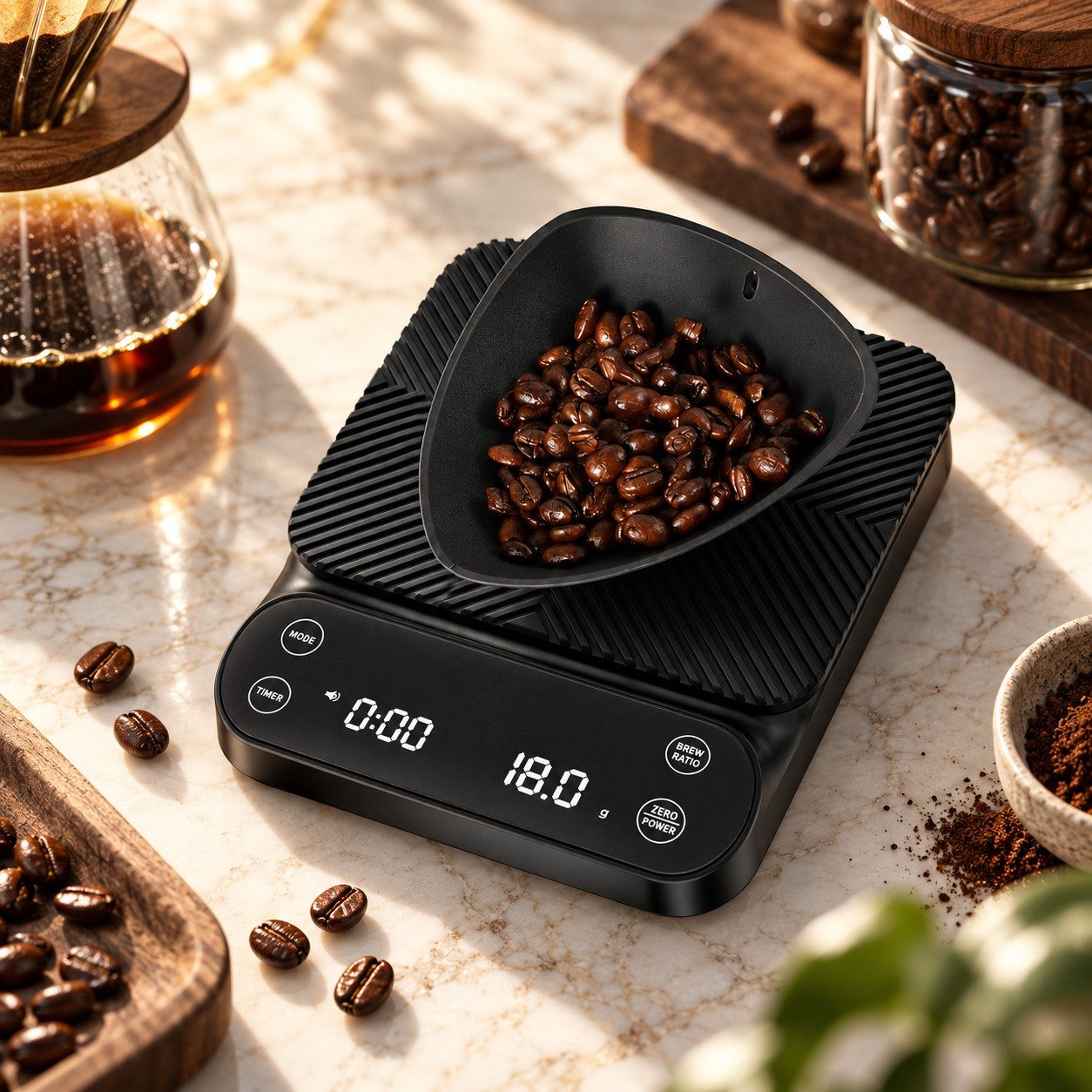 Maestri House Küchenwaage K125 Pour-Over-Kaffeewaage mit Timer, 0,1 g / 3 kg, (1-tlg., für V60, Chemex, French Press und Espresso), Flow Rate, Brühverhältnis 1:1–1:18, 3 Modi, USB-C