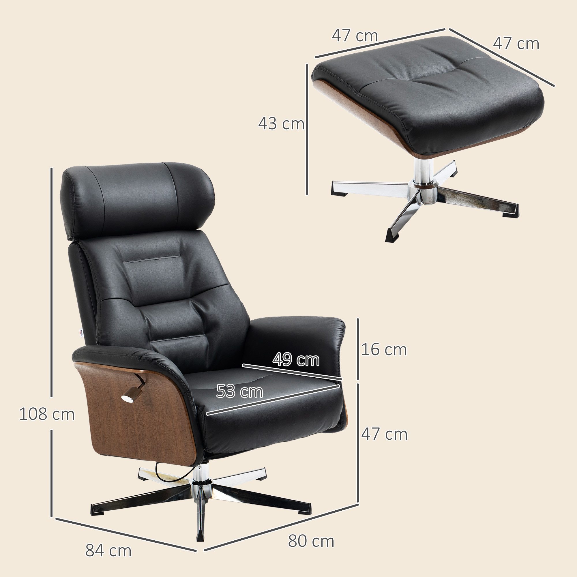 HOMCOM Relaxsessel Relaxsessel mit Hocker, mit Liegefunktion (Liegestuhl mit Fußbank, 2-St., bestehend aus Sessel und Hocker), bis 150 kg belastbar, Schwarz