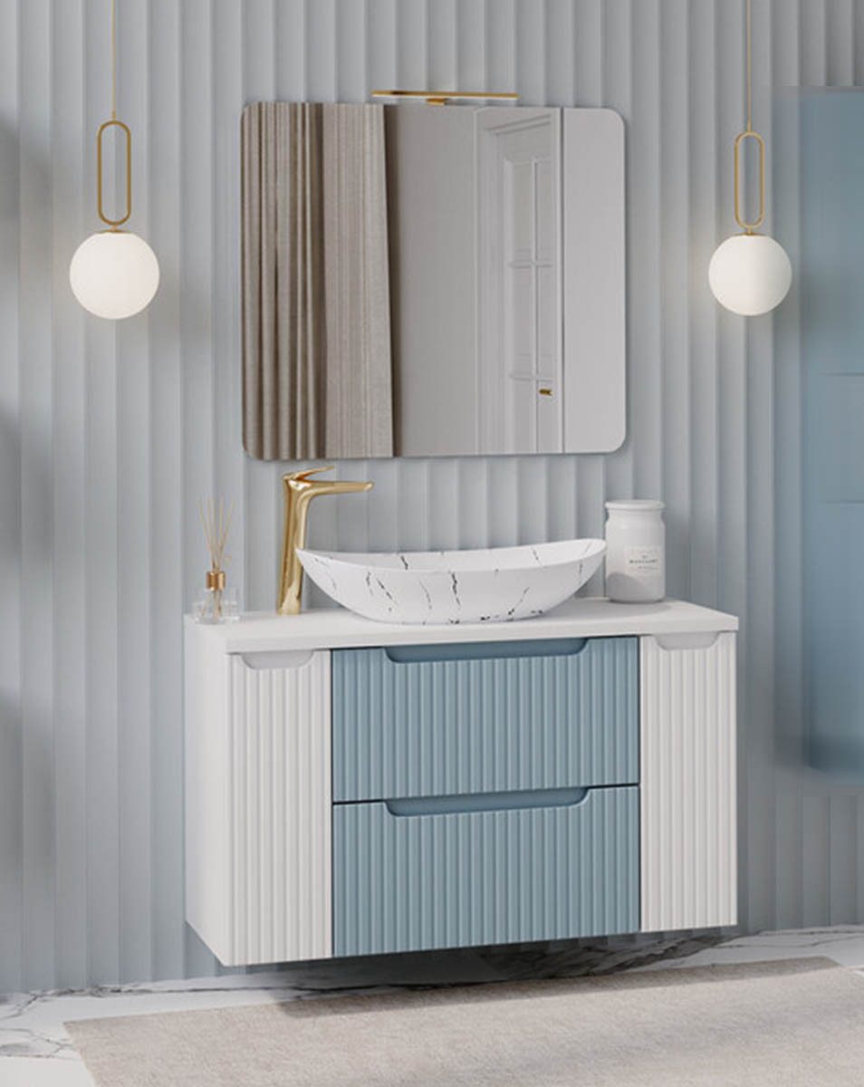 einfachgutemoebel Waschtisch-Set ILUNA Blue Badset 2-teilig 100cm – Spiegel 80x70cm, weiße Oberplatte, (Badmöbel Set, 1-St., Waschtisch Unterschrank)