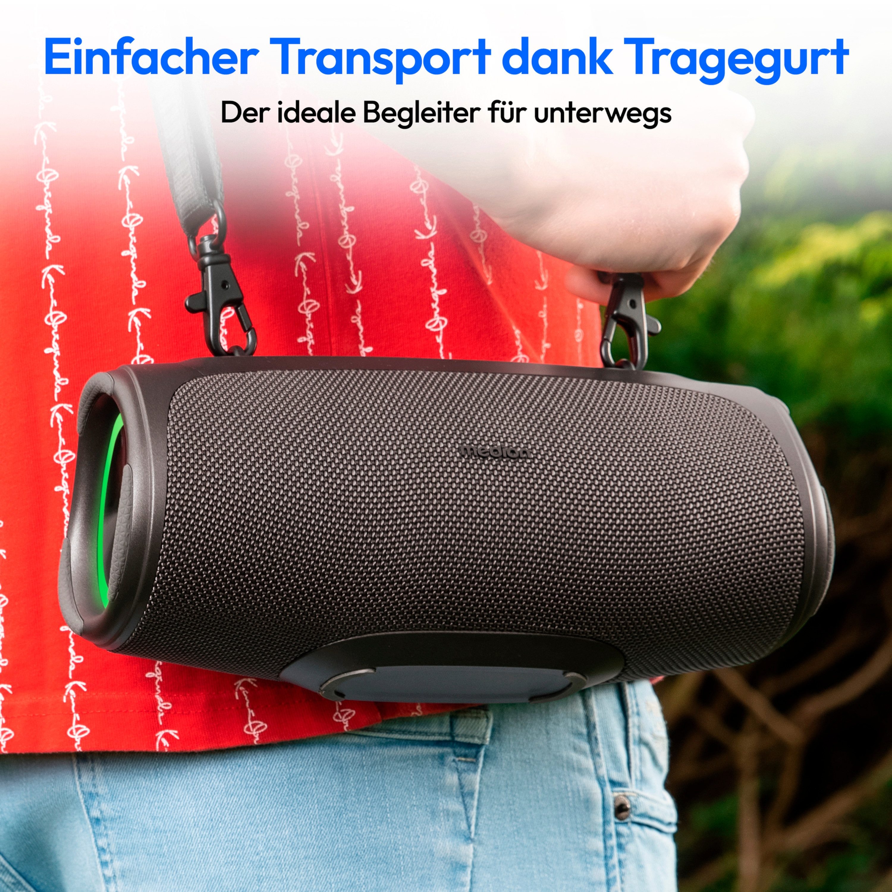 Medion® LIFE® P61746 (MD43746) M Bluetooth-Lautsprecher (A2DP Bluetooth, AVRCP Bluetooth, Bluetooth, 30 W, tragbar, Akku, Bass Boost, Musikbox, RGB, IPX7, Powerbank, Anthrazit)