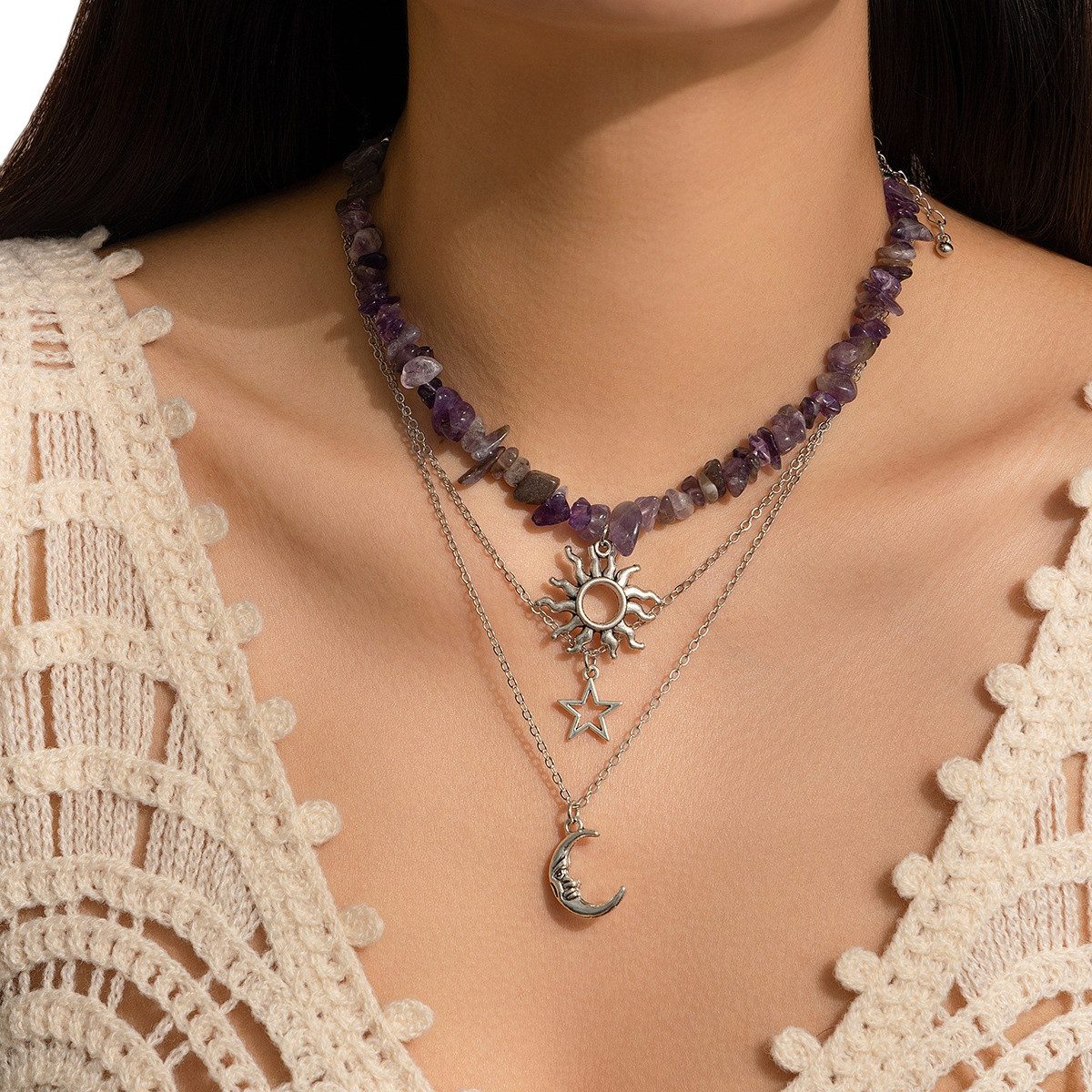 Perlenkette Mehrreihige Halsketten für Damen,Boho Kristall-Mond Stapel-Halskette